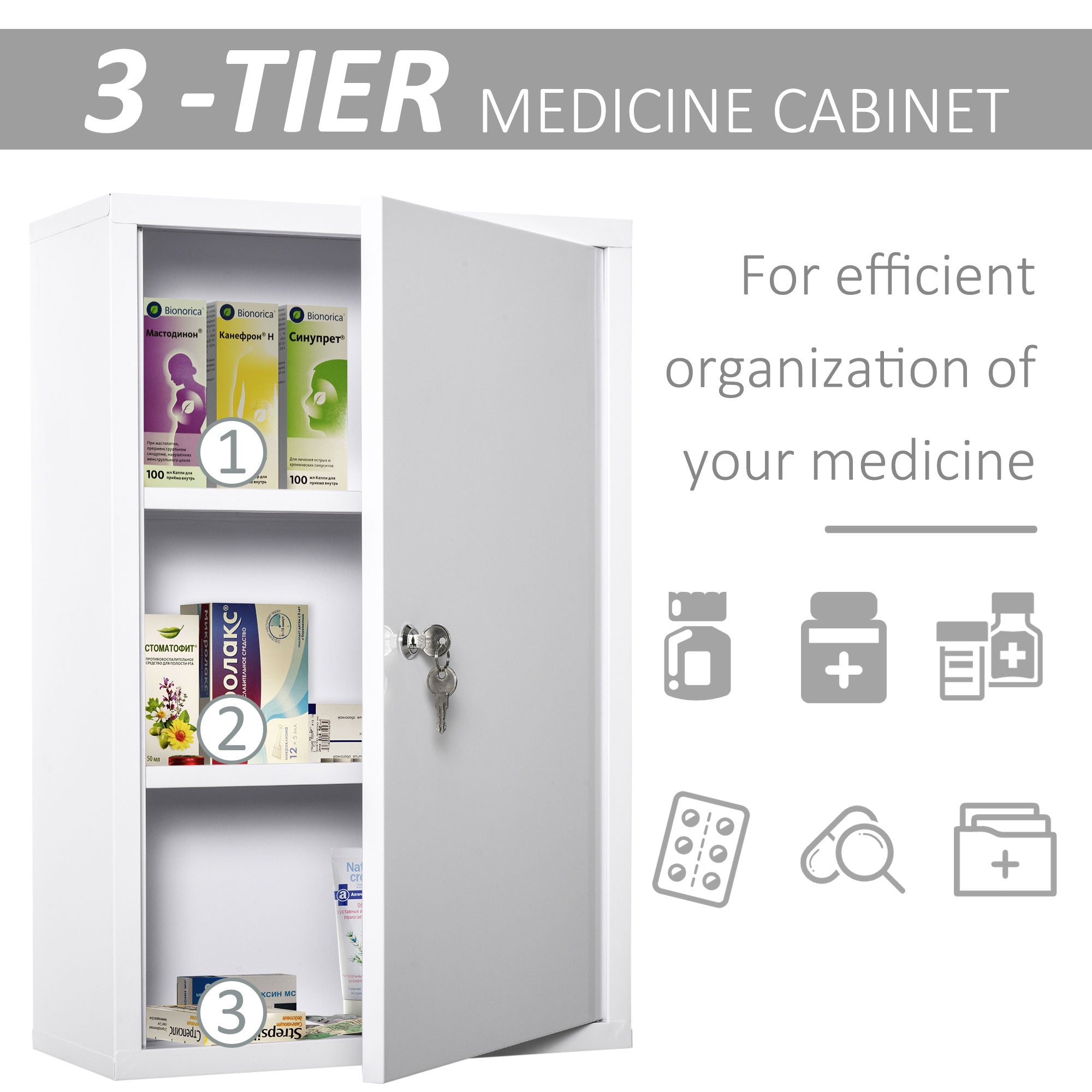 Lockable Steel Wall-Mount Medicine Cabinet | 3-Tier, Water-Resistant, 2 Keys, 11 lb Capacity for Bathroom & Emergency Storage