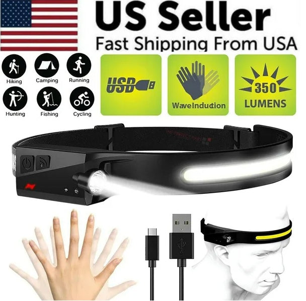 COB LED USB Rechargeable Headlamp | 350 Lumens, IPX5 Waterproof, Sensor Switch, 150ft Range