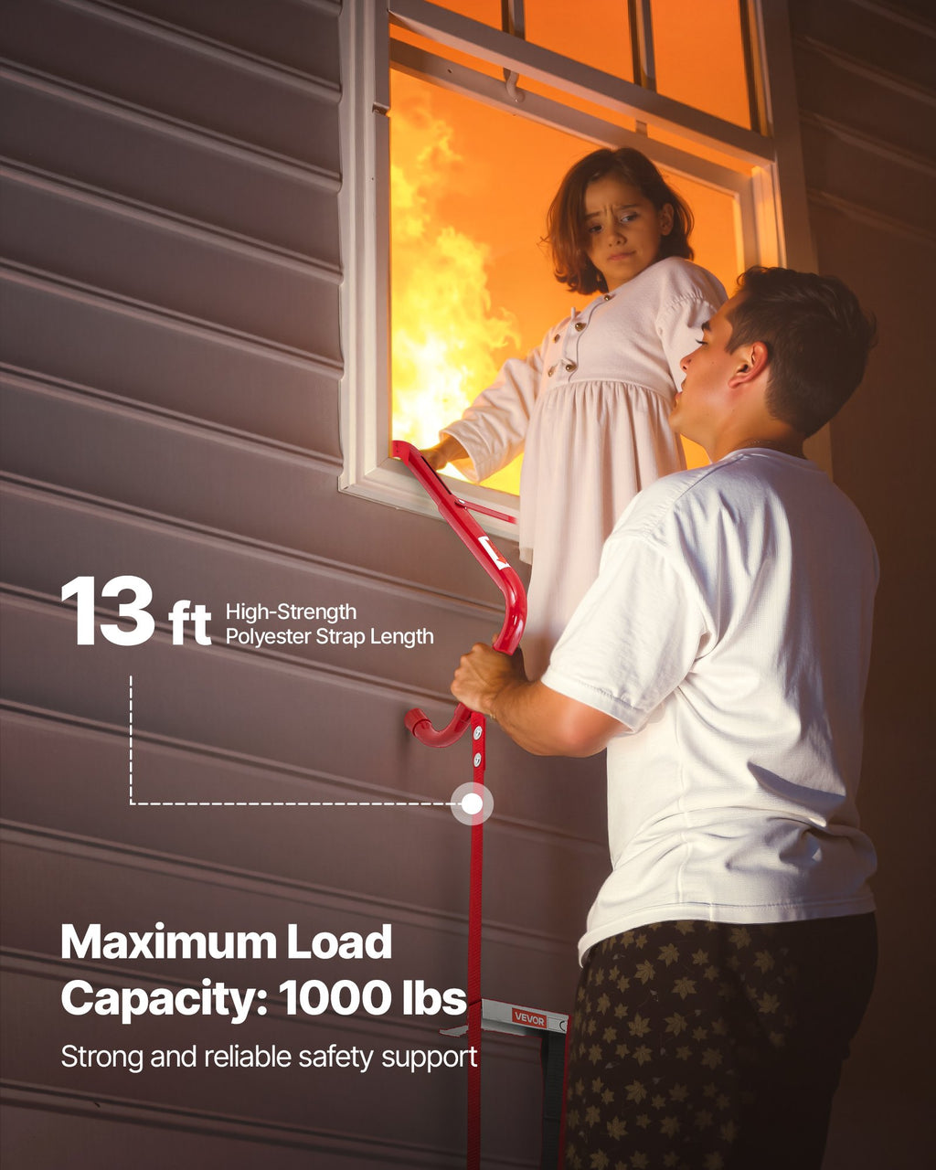 VEVOR 2-Story Fire Escape Ladder | 13FT, 1000 lb Capacity, Aluminum Alloy, Anti-Slip, No-Assembly Emergency Ladder