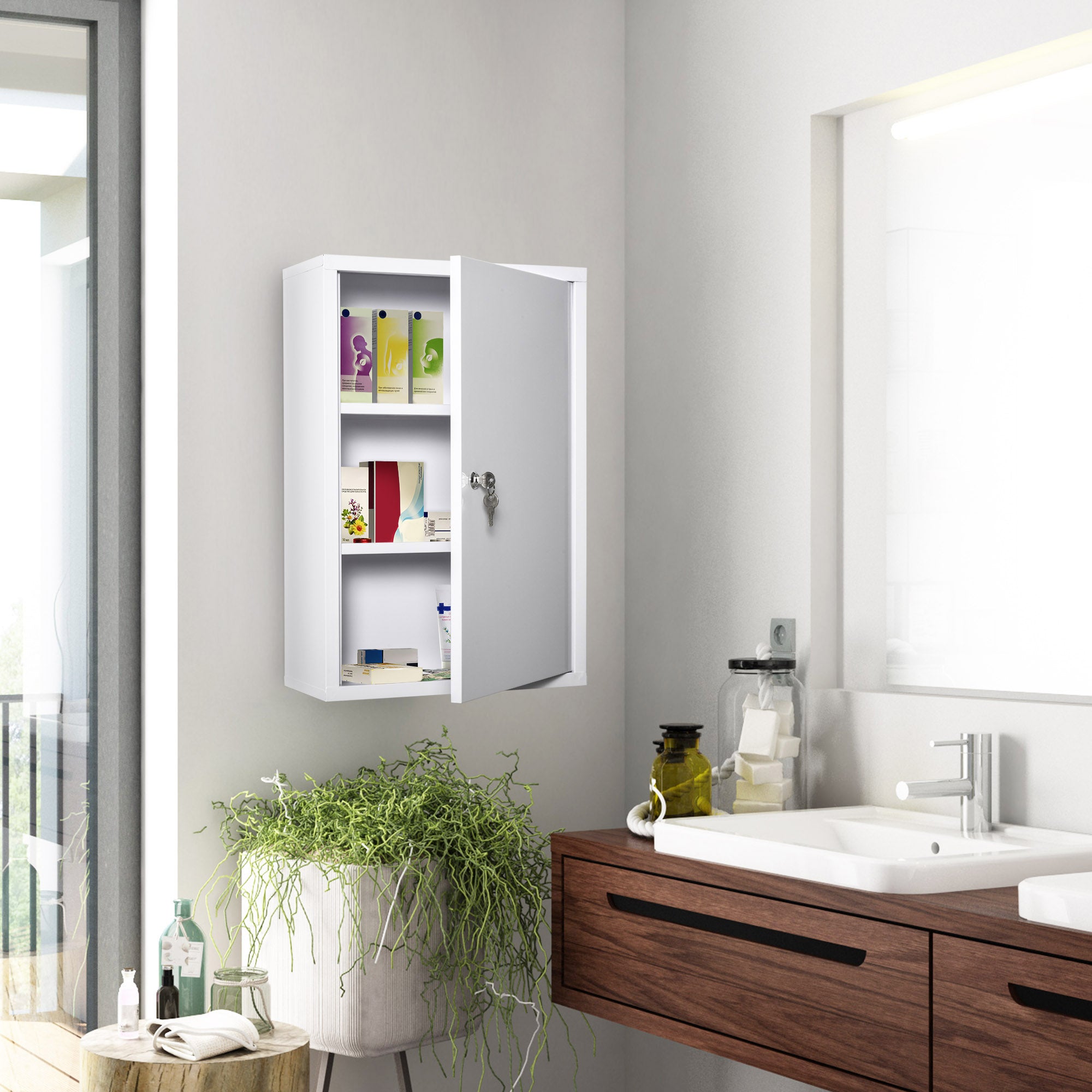 Lockable Steel Wall-Mount Medicine Cabinet | 3-Tier, Water-Resistant, 2 Keys, 11 lb Capacity for Bathroom & Emergency Storage