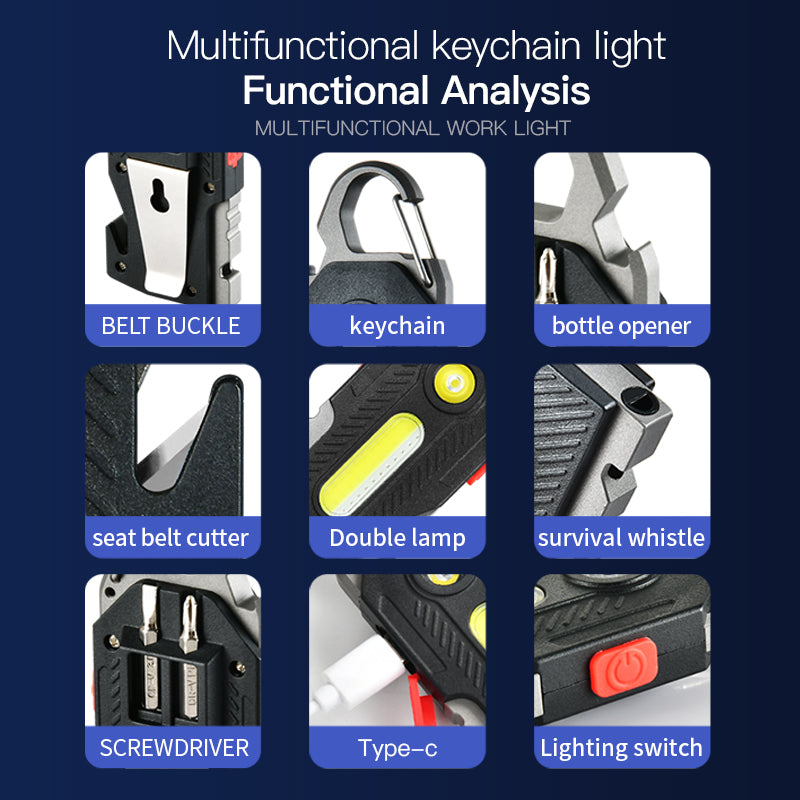 8-in-1 Multifunctional Emergency Keychain Light | 400LM LED+COB, Seatbelt Cutter, Whistle, USB-C Rechargeable