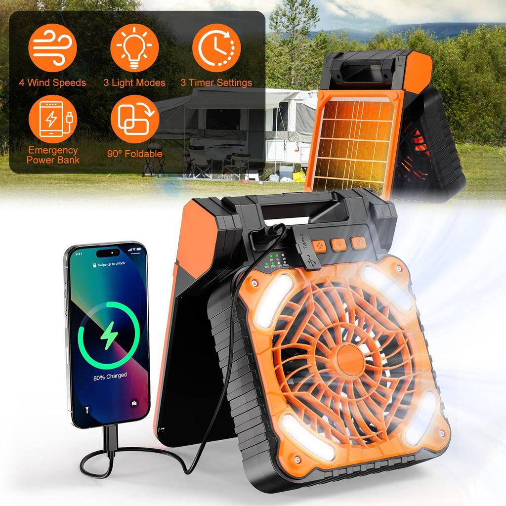 Solar Camping Fan with LED Lantern & Power Bank | 5200mAh, 20Hr Runtime, 4 Speeds, 90° Tilt & Timer