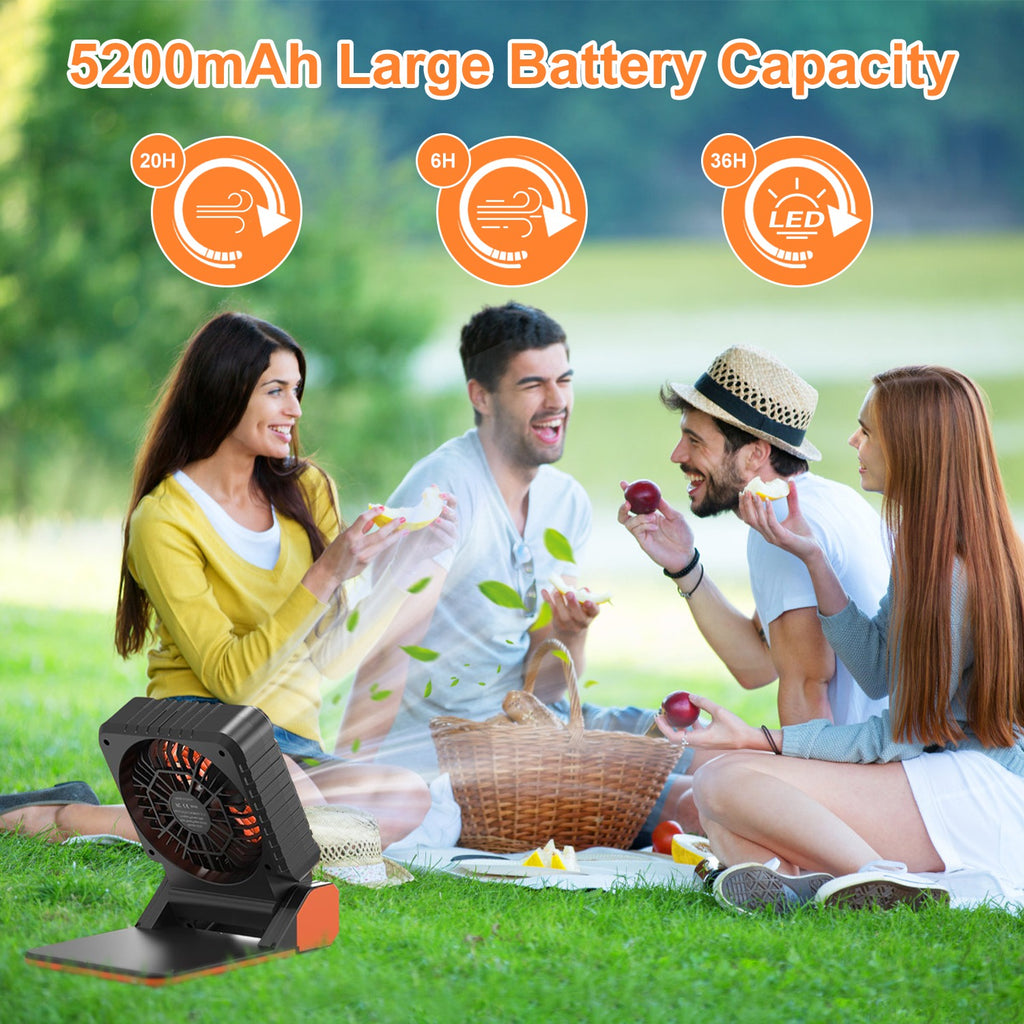 Solar Camping Fan with LED Lantern & Power Bank | 5200mAh, 20Hr Runtime, 4 Speeds, 90° Tilt & Timer