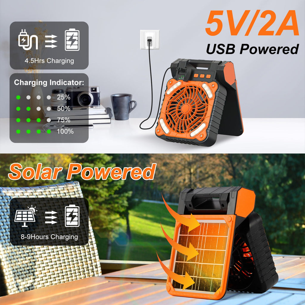 Solar Camping Fan with LED Lantern & Power Bank | 5200mAh, 20Hr Runtime, 4 Speeds, 90° Tilt & Timer