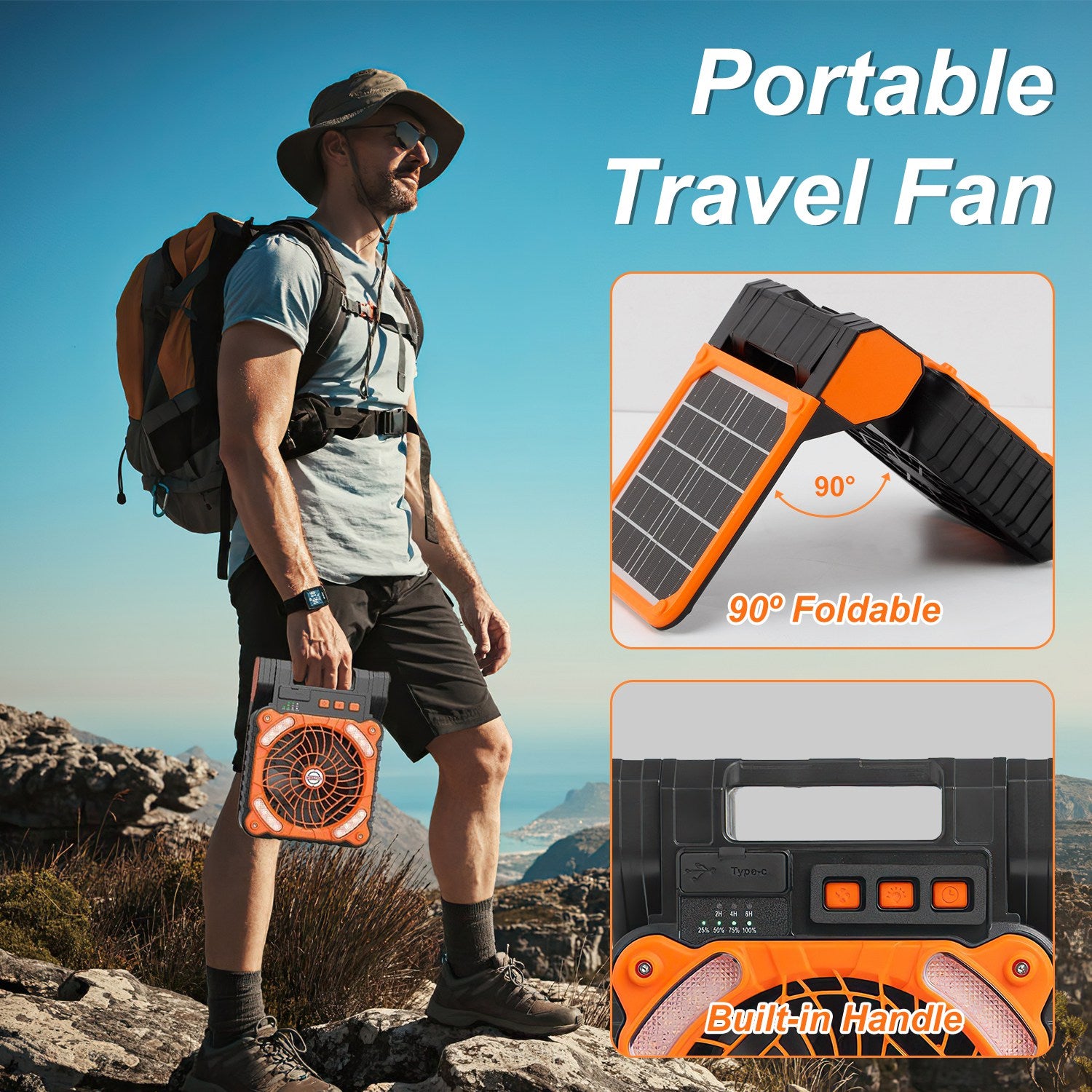 Solar Camping Fan with LED Lantern & Power Bank | 5200mAh, 20Hr Runtime, 4 Speeds, 90° Tilt & Timer