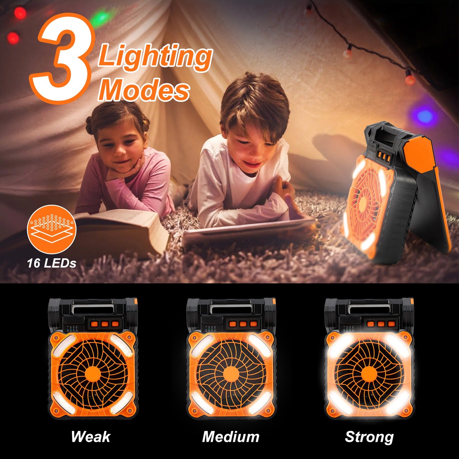 Solar Camping Fan with LED Lantern & Power Bank | 5200mAh, 20Hr Runtime, 4 Speeds, 90° Tilt & Timer
