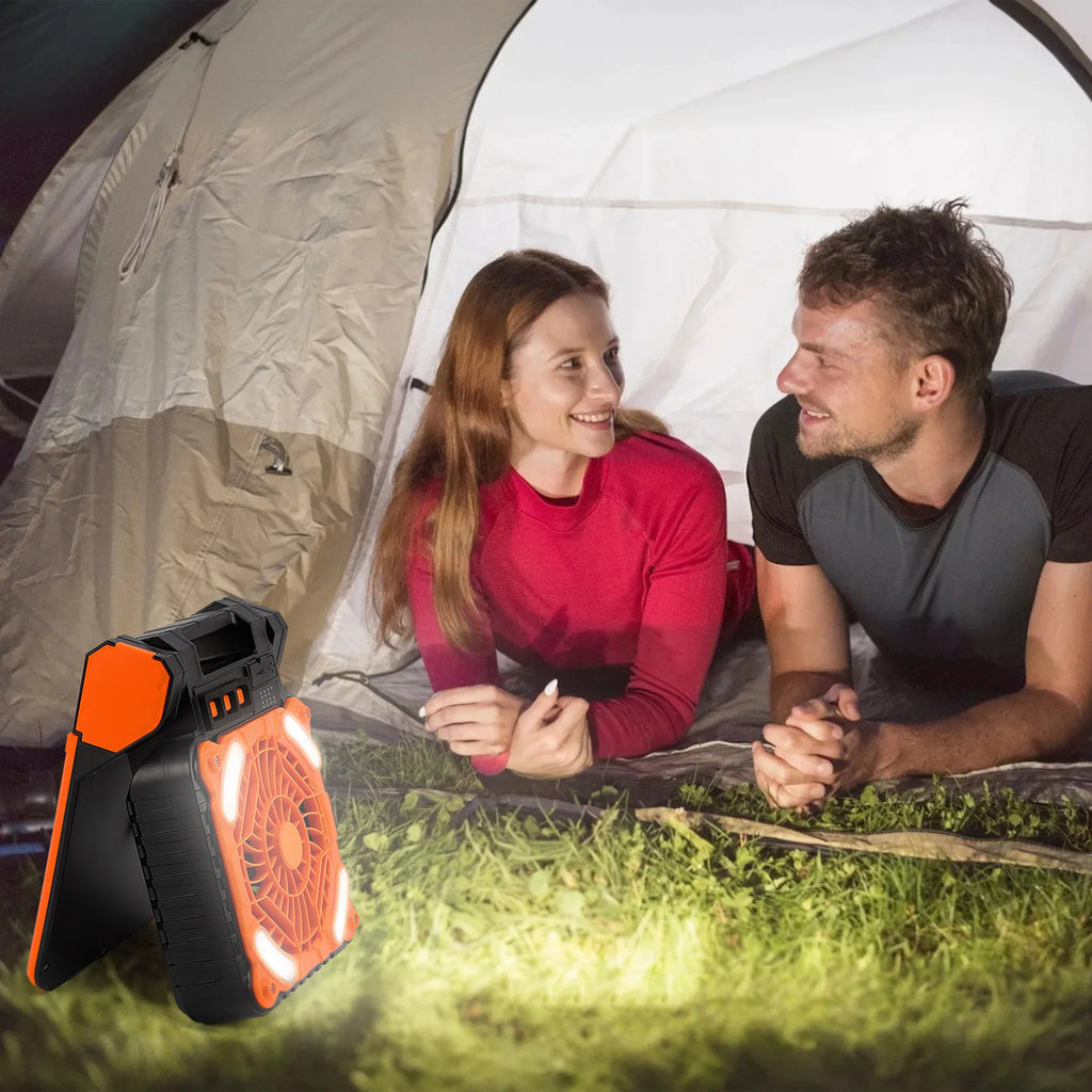 Solar Camping Fan with LED Lantern & Power Bank | 5200mAh, 20Hr Runtime, 4 Speeds, 90° Tilt & Timer
