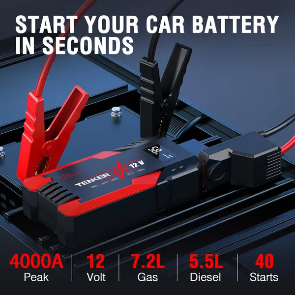 4000A Peak Car Jump Starter | 51.8Wh Power Bank, 7.2L Gas / 5.5L Diesel, LCD Display & Emergency Lights