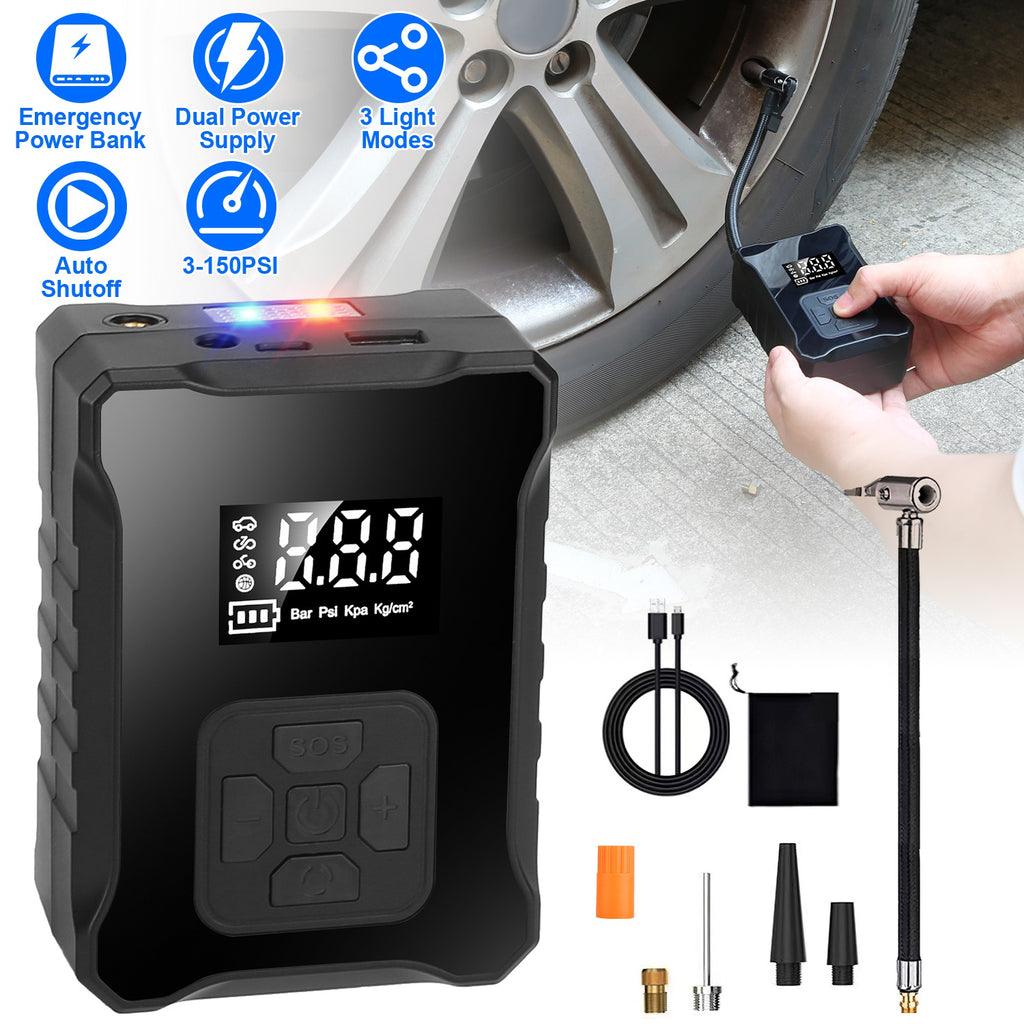 150PSI Cordless Tire Inflator | 4000mAh Power Bank, Auto-Shutoff, LED & SOS Light for Cars, Motorcycles & Bikes