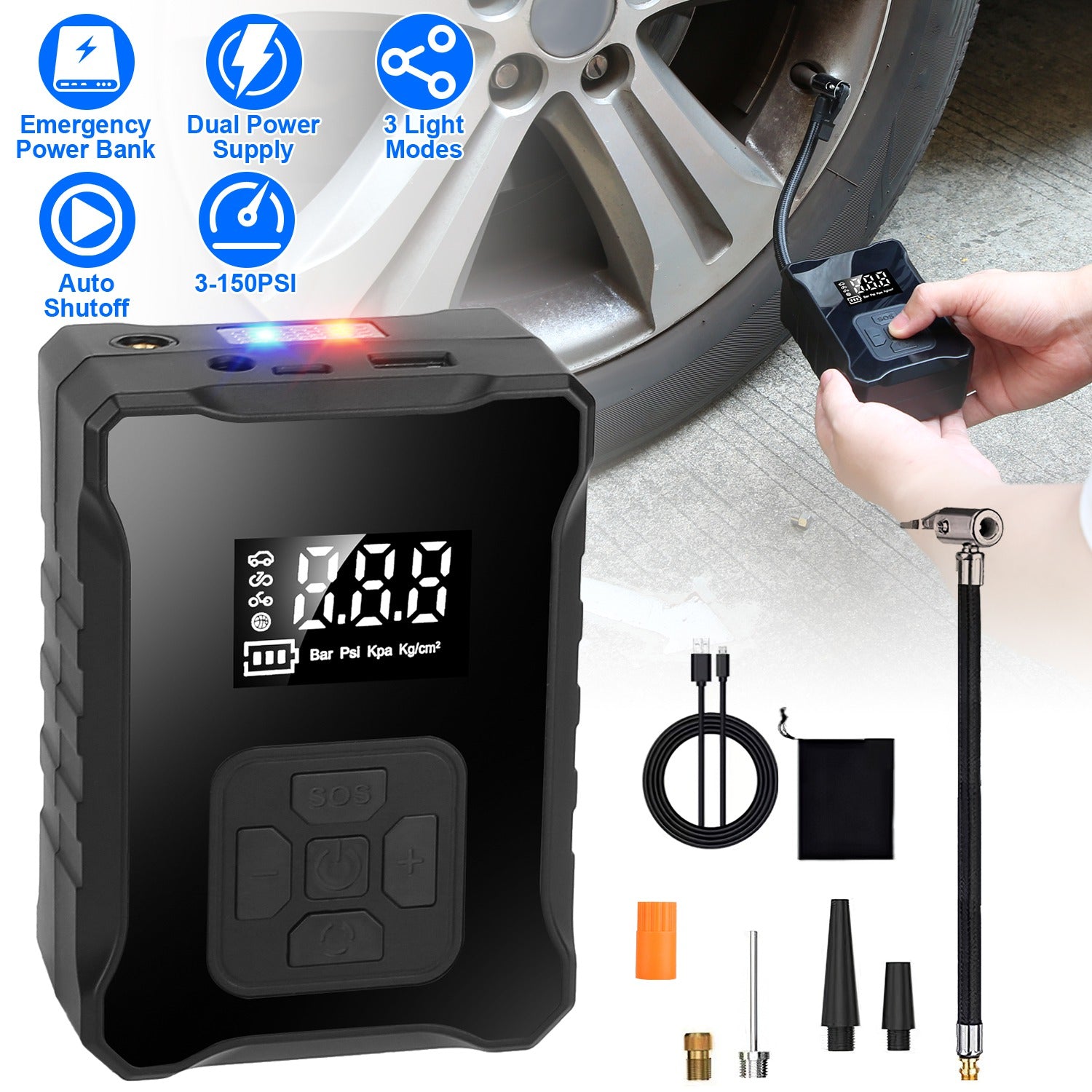 150PSI Cordless Tire Inflator | 4000mAh Power Bank, Auto-Shutoff, LED & SOS Light for Cars, Motorcycles & Bikes