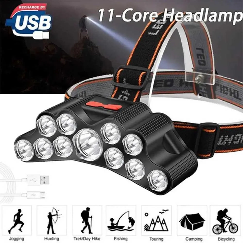 11-LED USB Rechargeable Headlamp | 6-Hour Runtime, 4 Modes, Built-in 18650 Battery for Camping & Fishing