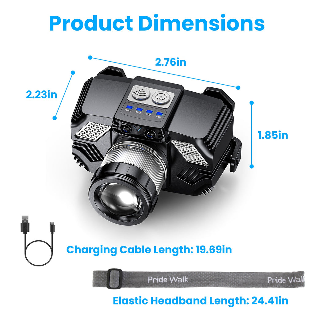 Motion Sensor Zoomable LED Headlamp | 300m Range, SOS Mode, USB Rechargeable, 45° Tilt for Camping & Emergencies