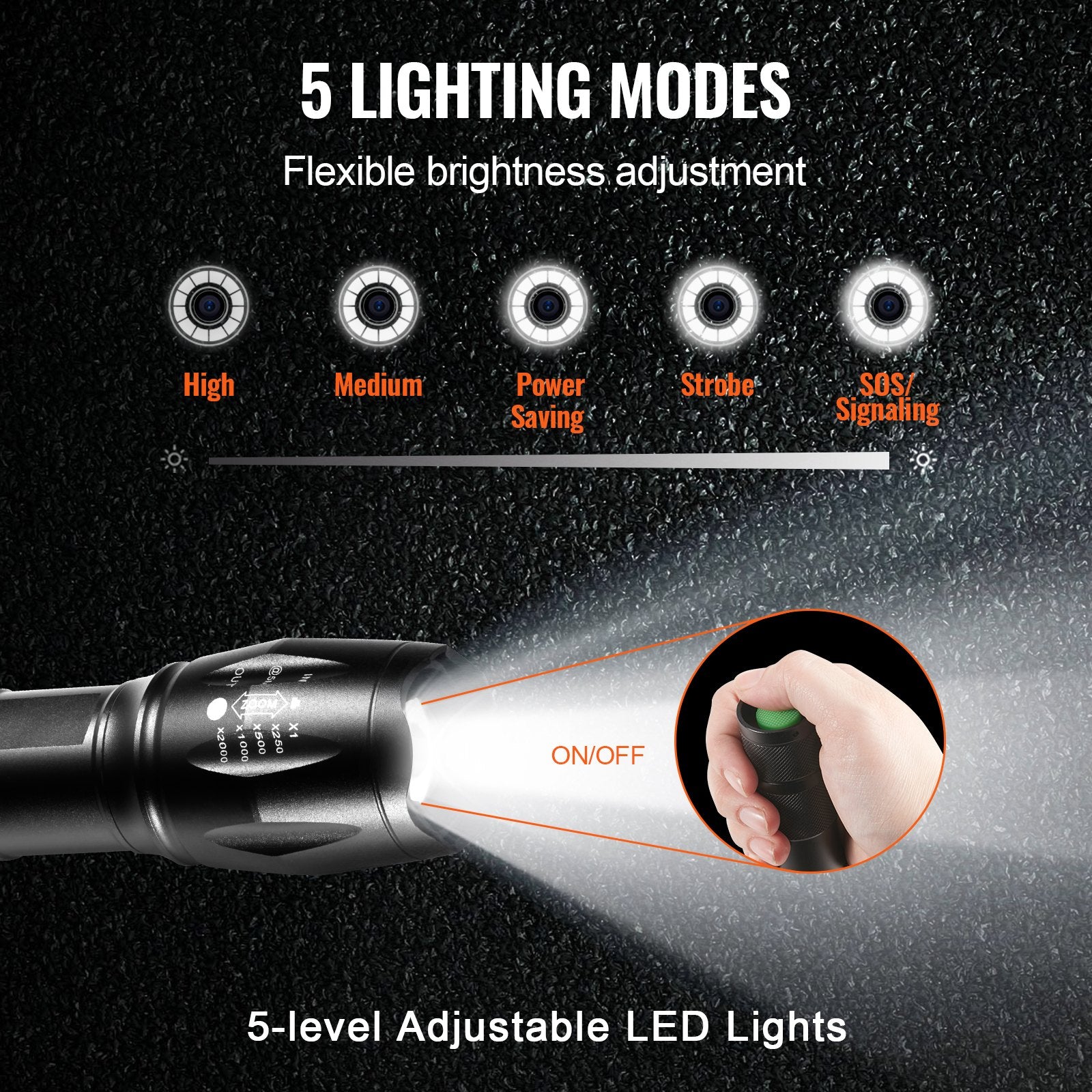 VEVOR 2000LM Flashlight 2-Pack | 5 Modes, Adjustable Focus, IP44 Waterproof, 150M Beam for Camping & Emergency