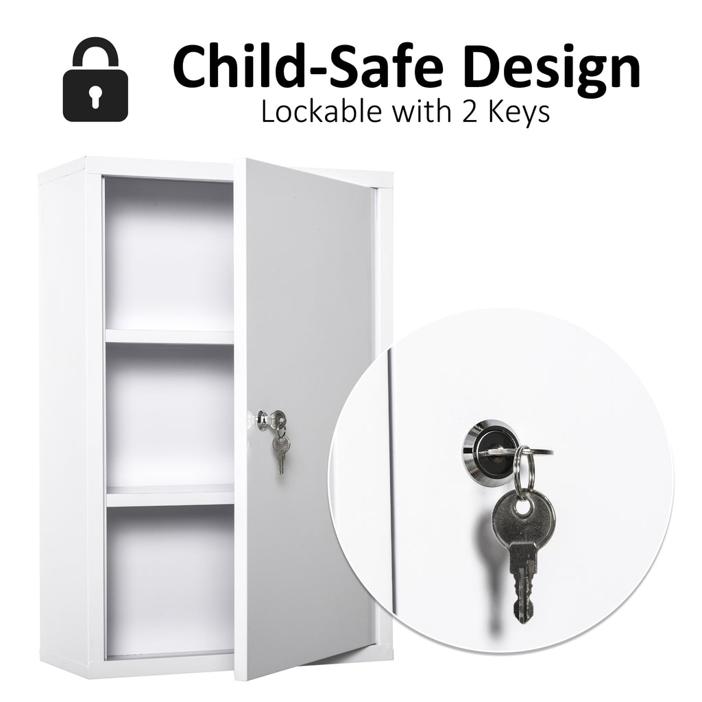 Lockable Steel Wall-Mount Medicine Cabinet | 3-Tier, Water-Resistant, 2 Keys, 11 lb Capacity for Bathroom & Emergency Storage