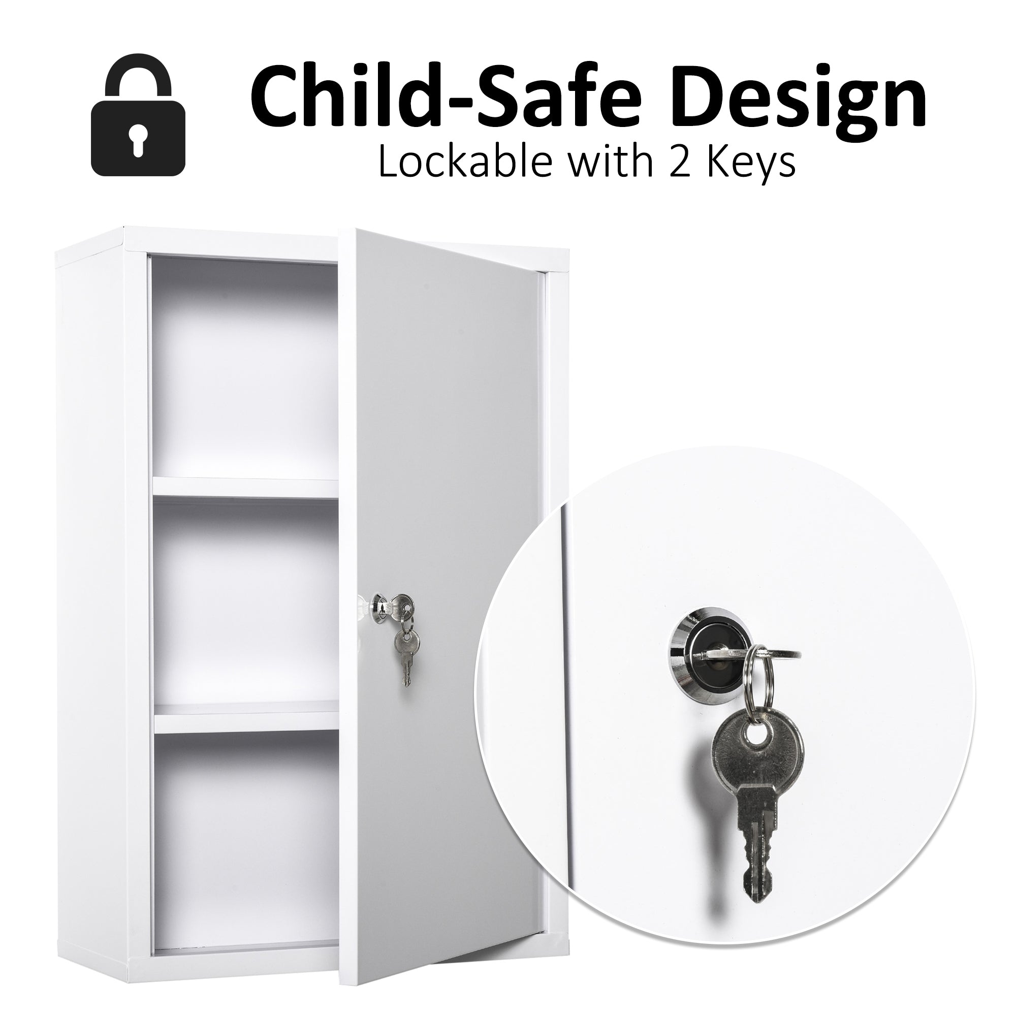 Lockable Steel Wall-Mount Medicine Cabinet | 3-Tier, Water-Resistant, 2 Keys, 11 lb Capacity for Bathroom & Emergency Storage