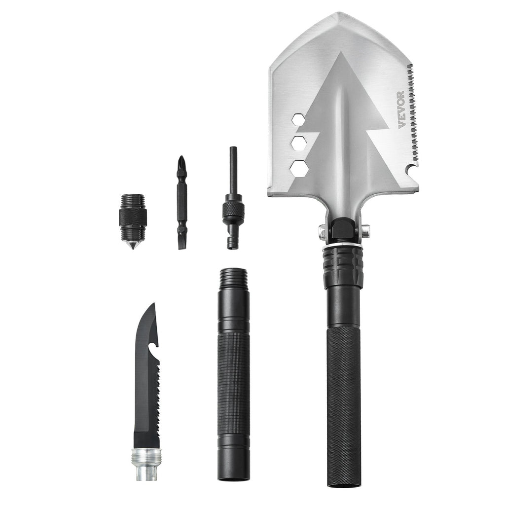 8-in-1 Military Folding Survival Shovel | 30Cr13 Steel, Knife, Compass, Fire Starter, Glass Breaker & Extension Rods