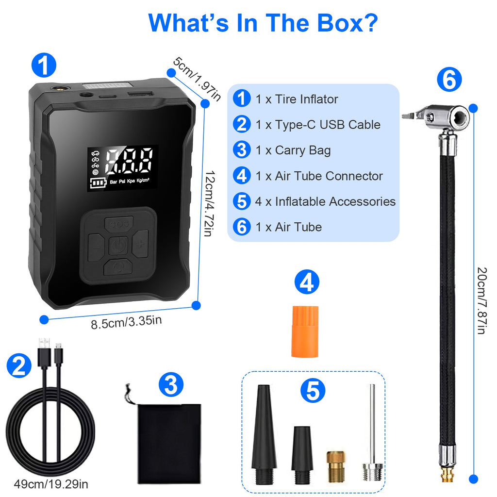 150PSI Cordless Tire Inflator | 4000mAh Power Bank, Auto-Shutoff, LED & SOS Light for Cars, Motorcycles & Bikes