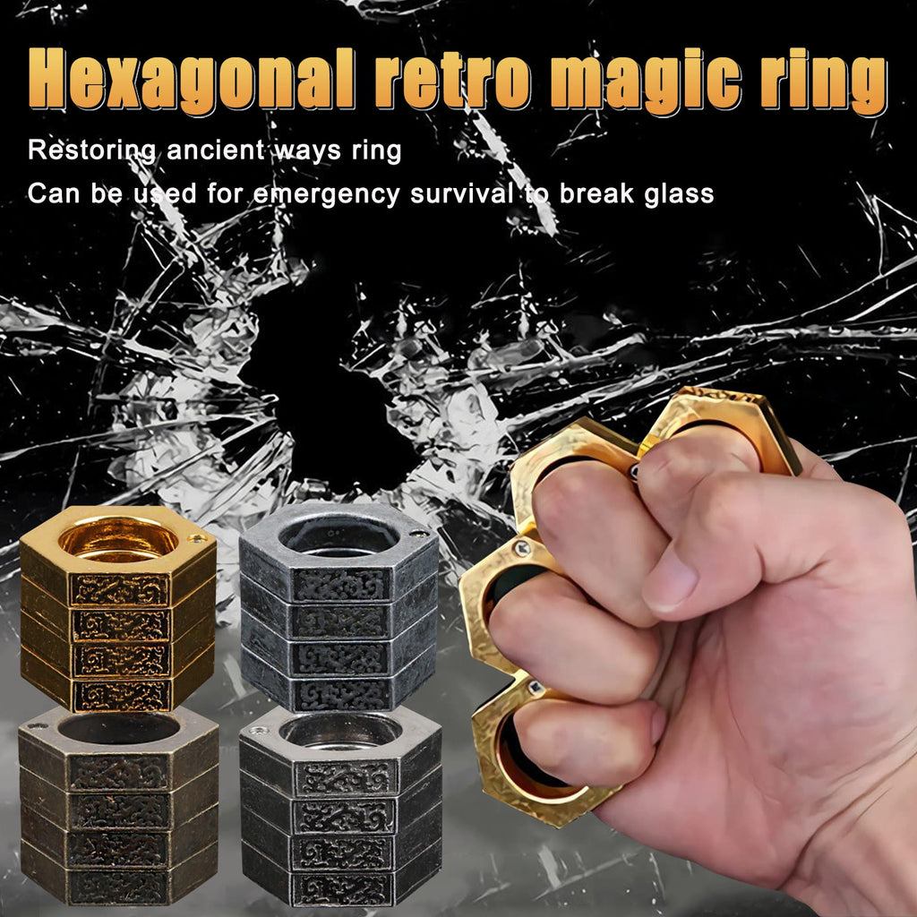 Self-Defense Hexagon Ring | Emergency Window Breaker, Finger Buckle EDC Tool in Ancient Silver, Bronze, Gold & Silver