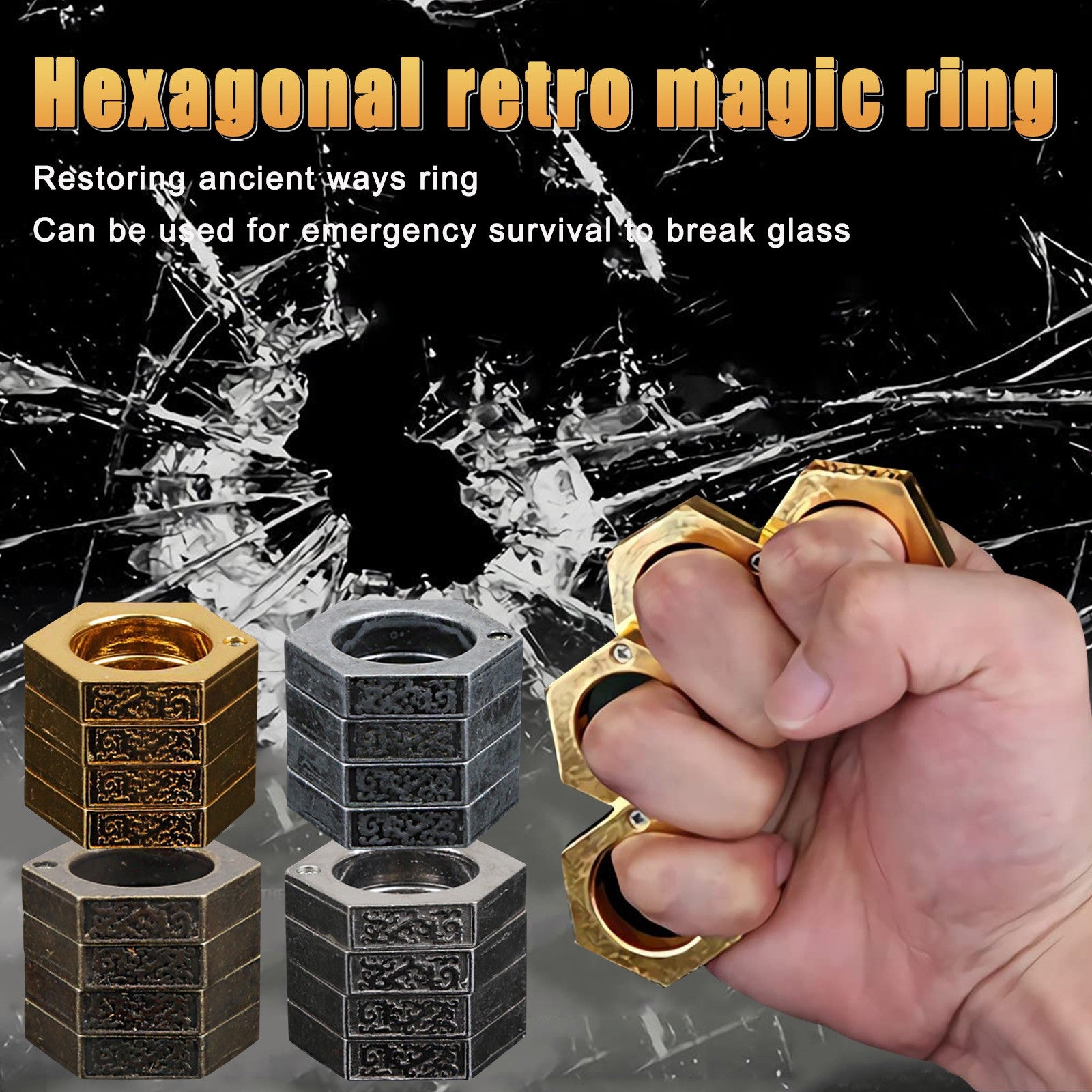 Self-Defense Hexagon Ring | Emergency Window Breaker, Finger Buckle EDC Tool in Ancient Silver, Bronze, Gold & Silver
