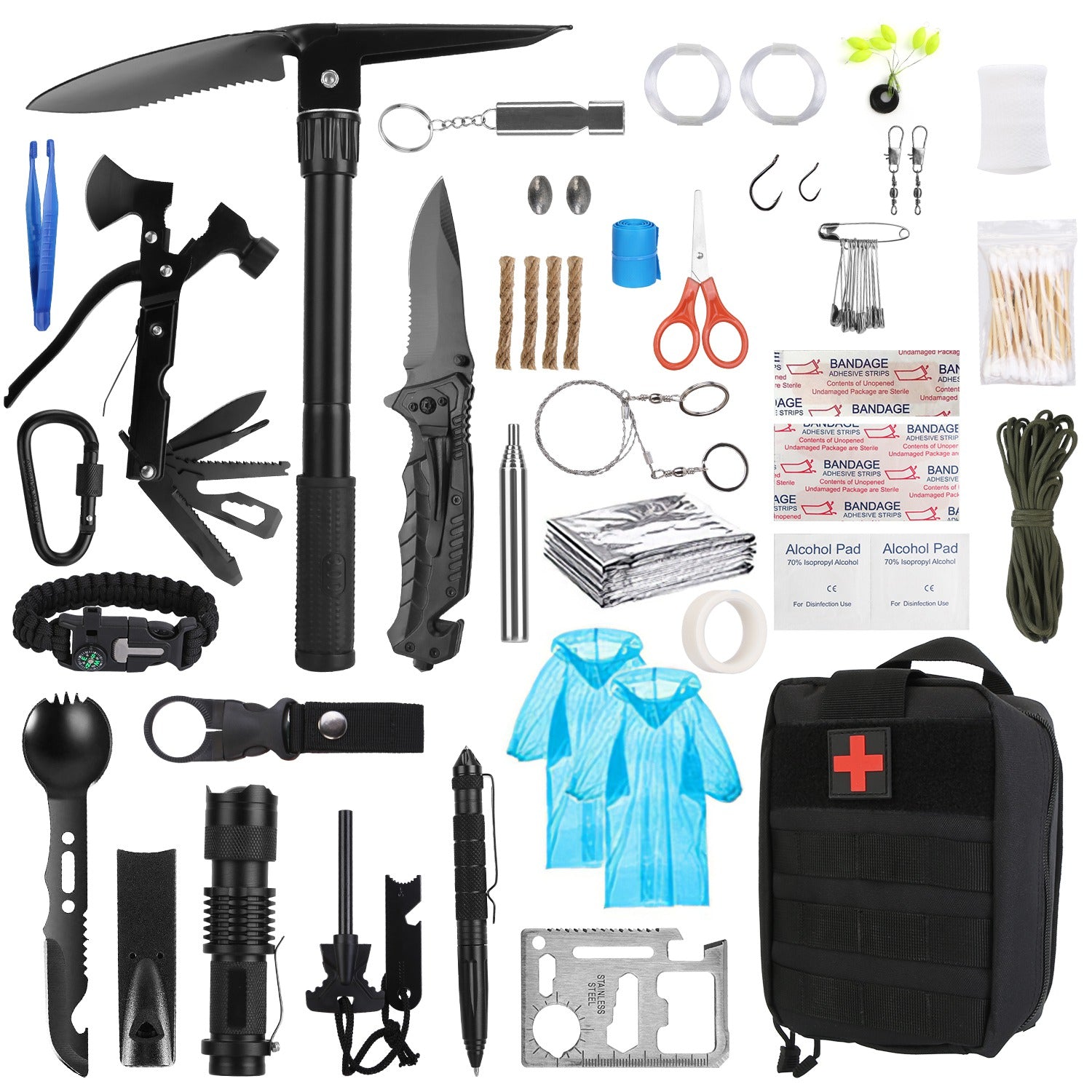 121-Piece Professional Survival Kit | Tactical First Aid, Axe, Shovel, Military Knife, Fire Starter & Backpack Included