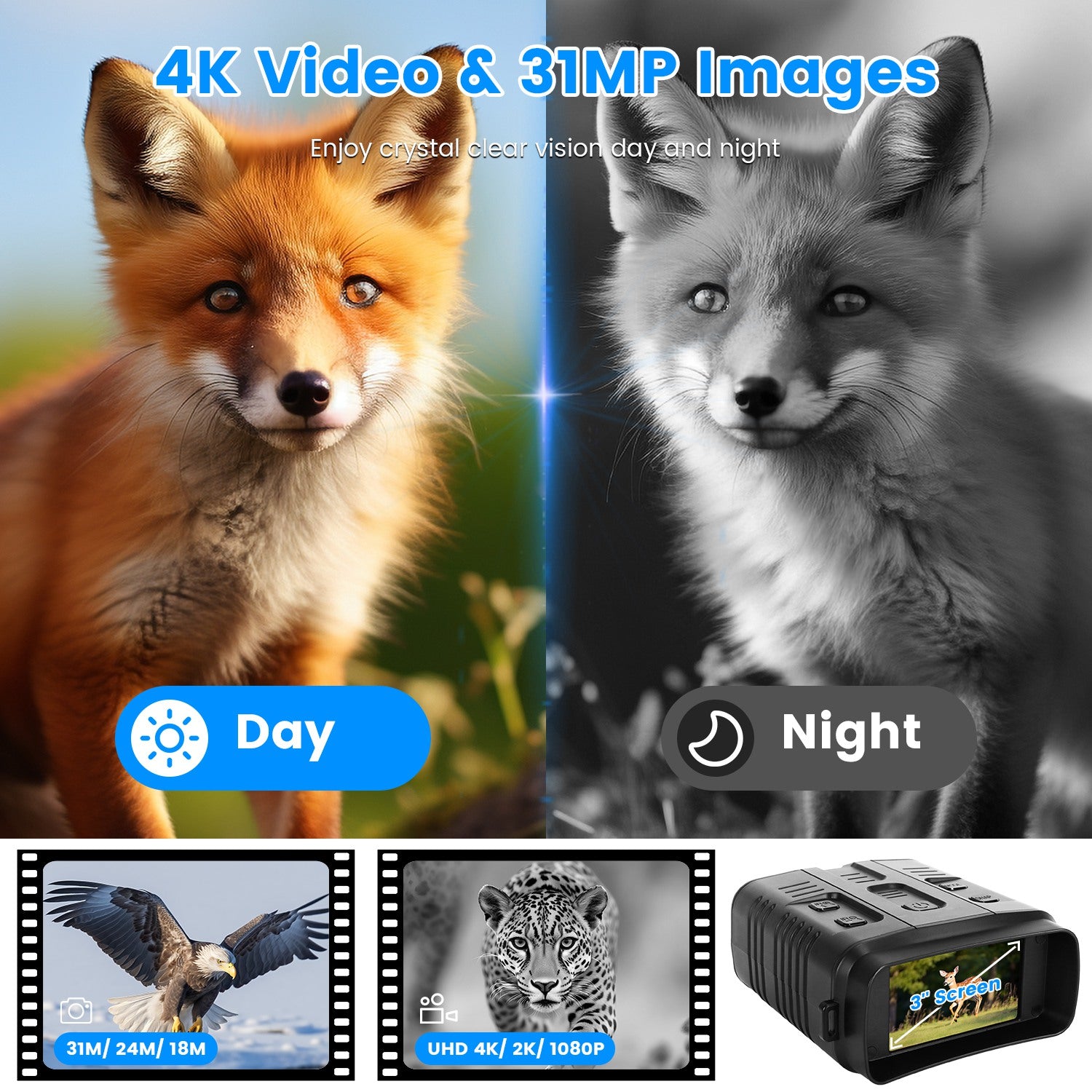 4K Night Vision Goggles | 10X Zoom, 2624ft Range, WiFi App Control, 3" Screen & 64G Card for Hunting & Security
