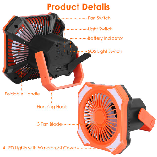 3-in-1 Camping Lantern Fan | 10,000mAh Power Bank, Remote Control, 4 Light Modes & SOS for Camping & Emergencies