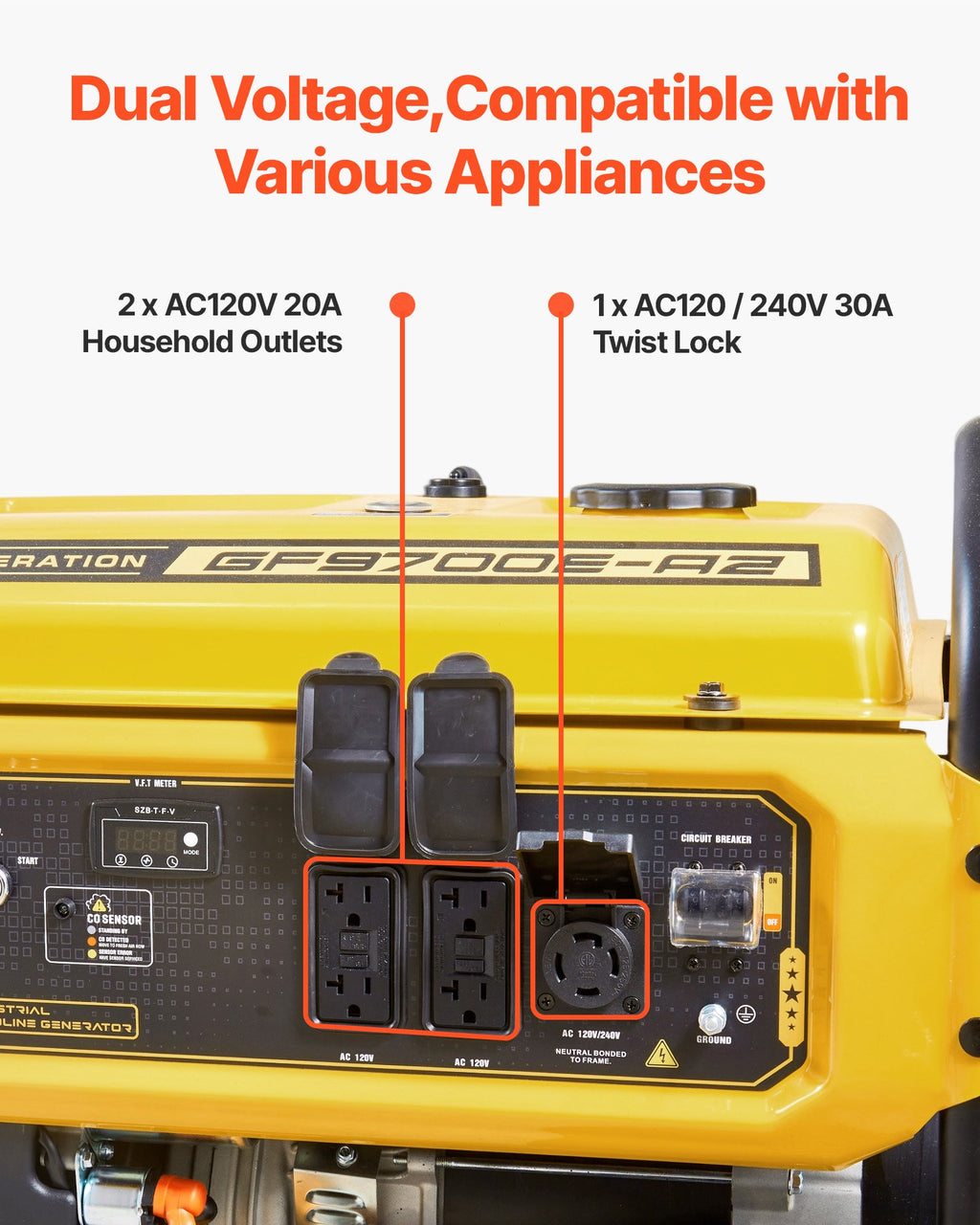 VEVOR 9625W Portable Home Backup Generator | 7000W Running, Electric Start, CO Sensor, 12Hr Runtime, RV & Emergency Ready