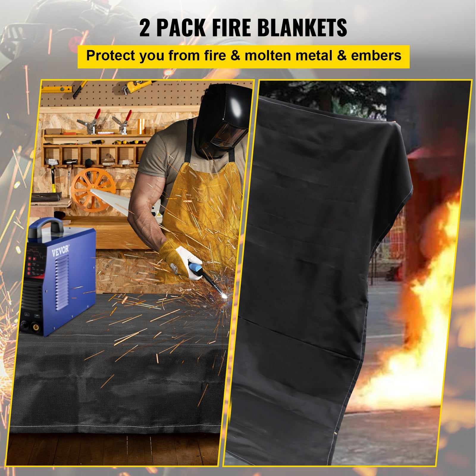 Fire Blanket 2-Pack | 6' x 10' Fiberglass Welding & Emergency Blanket, 1,022°F Rated with 8 Brass Grommets