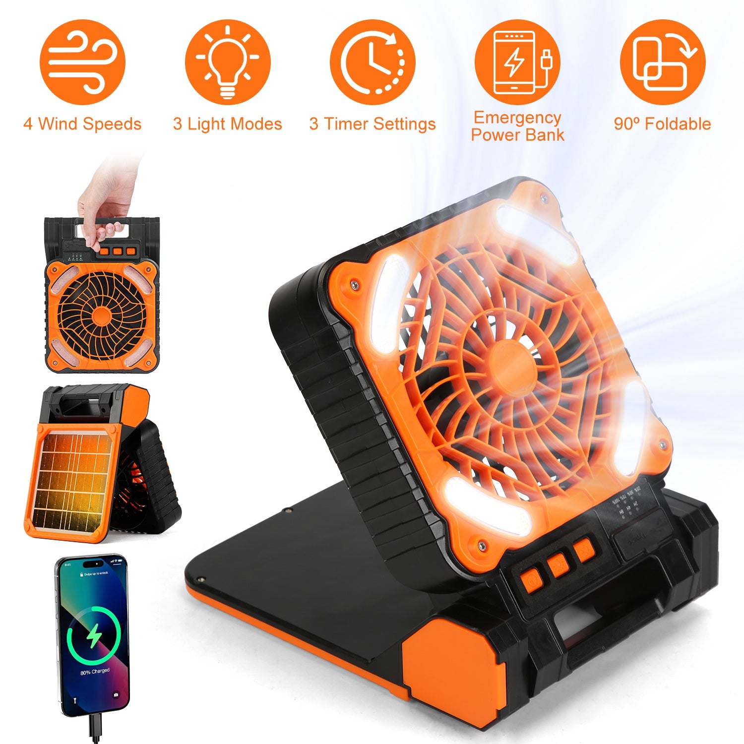 Solar Camping Fan with LED Lantern & Power Bank | 5200mAh, 20Hr Runtime, 4 Speeds, 90° Tilt & Timer