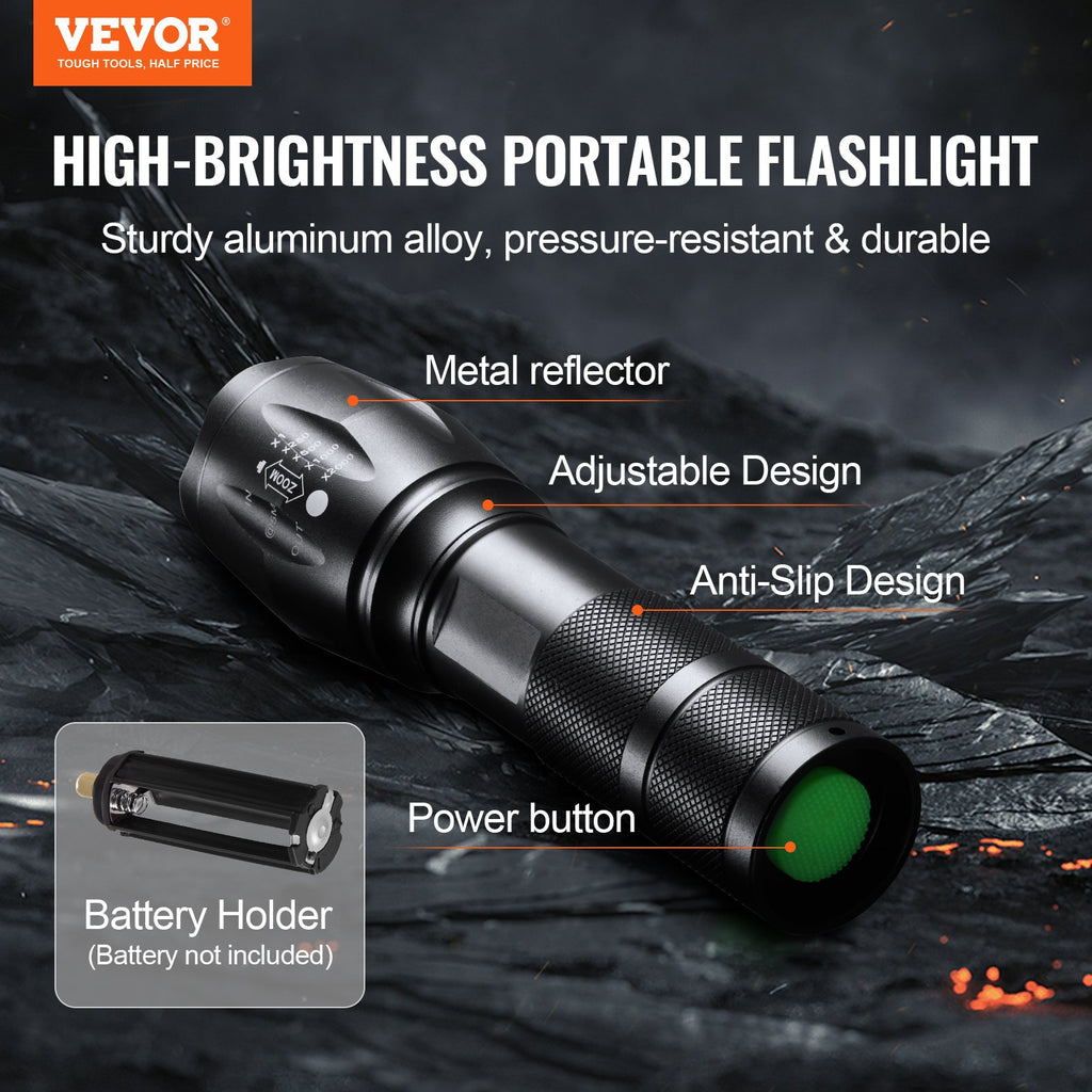VEVOR 2000LM Flashlight 2-Pack | 5 Modes, Adjustable Focus, IP44 Waterproof, 150M Beam for Camping & Emergency