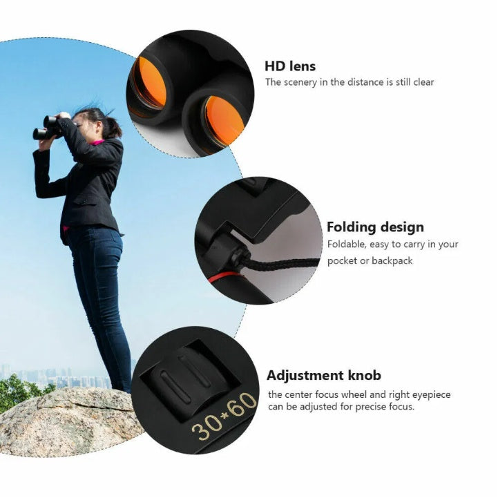 30x60 Compact Folding Binoculars | Lightweight 163g Telescope for Hiking, Hunting, Travel & Emergency Prep