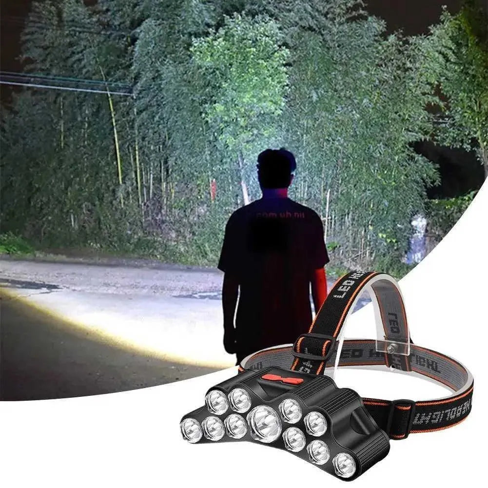 11-LED USB Rechargeable Headlamp | 6-Hour Runtime, 4 Modes, Built-in 18650 Battery for Camping & Fishing