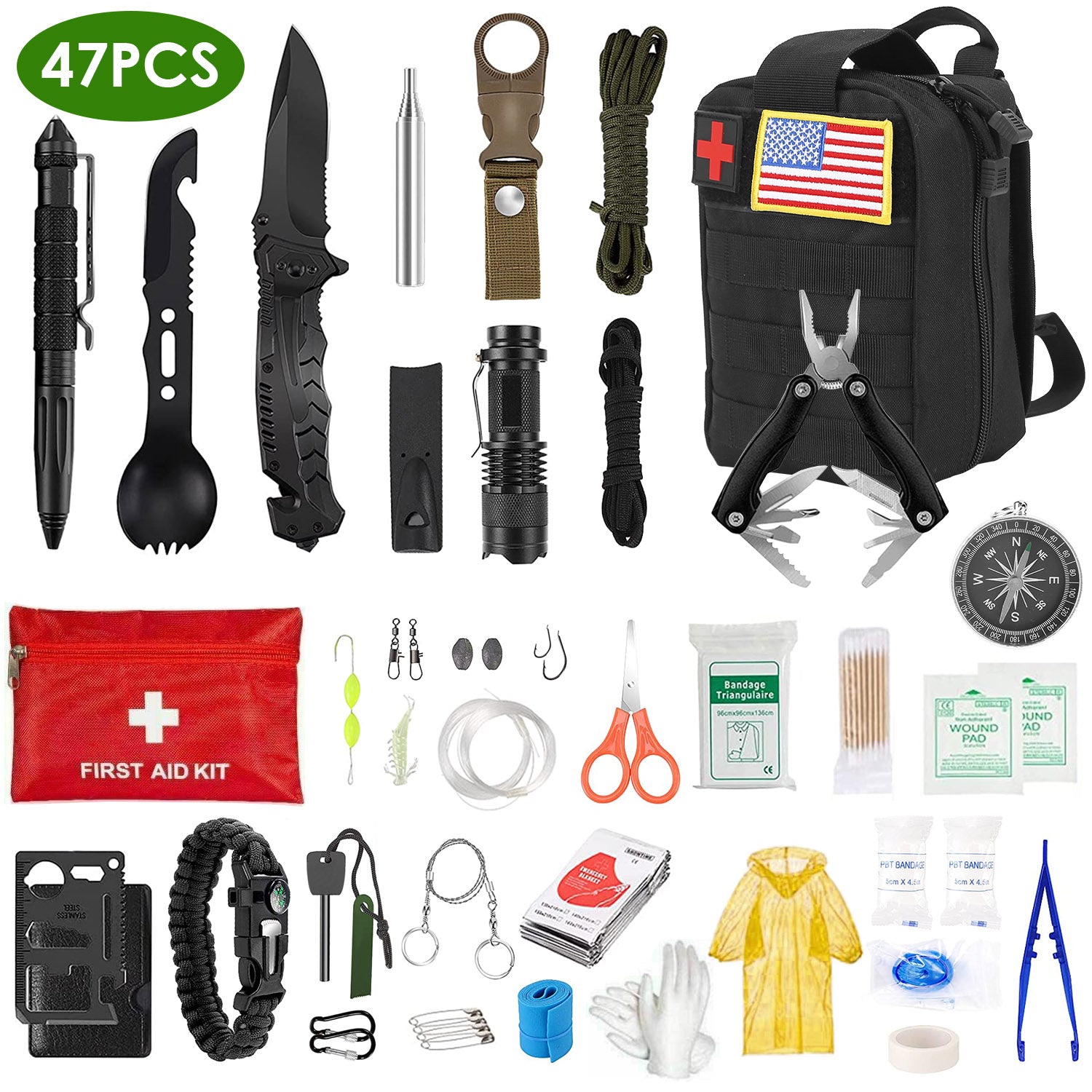 47-Piece Emergency Survival Kit | CPR Mask, Fishing Gear, Military Knife, Compass & First Aid in 600D Oxford Bag