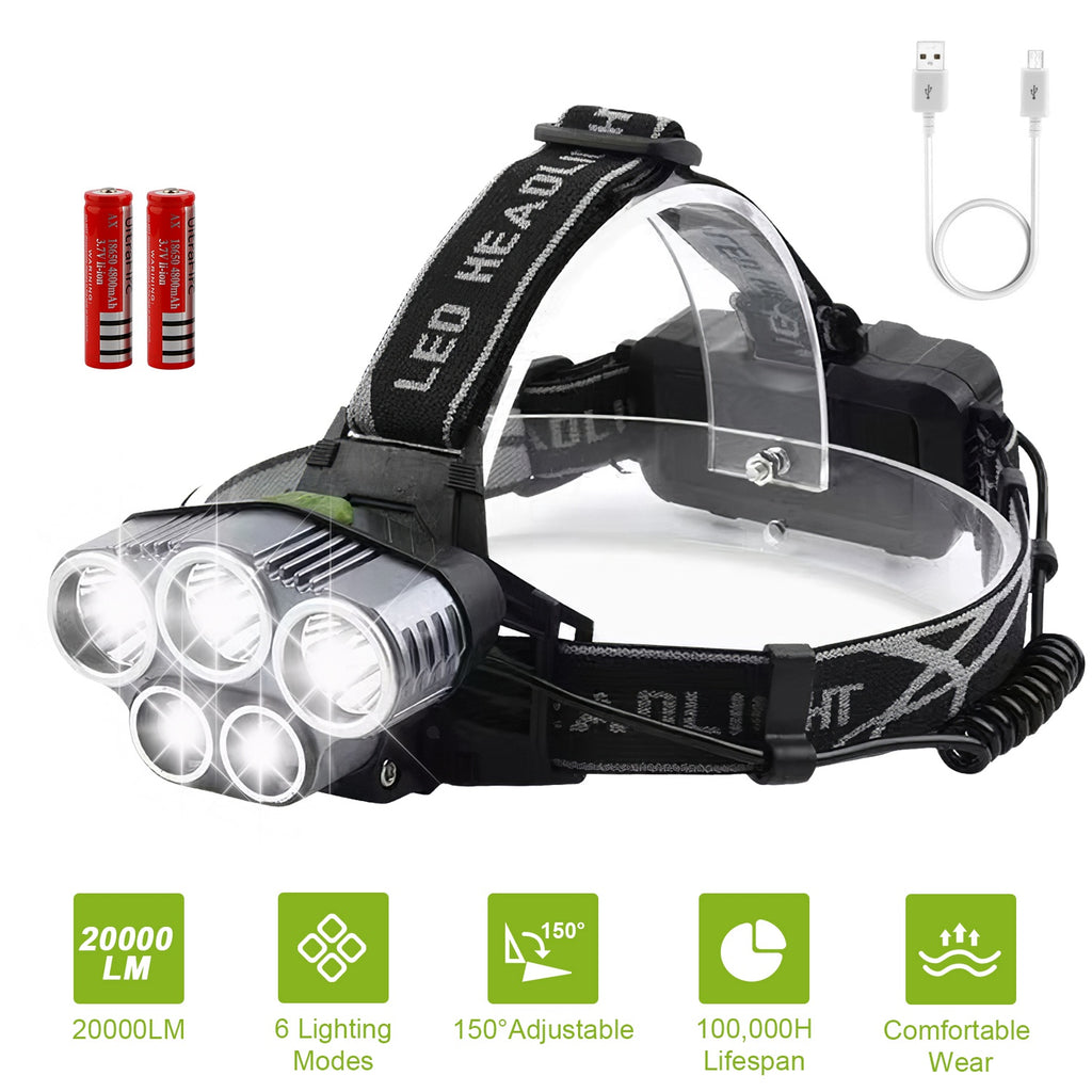 20,000 Lumen Professional LED Headlamp | 5 LED Beads, 6 Modes, 150° Adjustable, IPX4, USB Rechargeable
