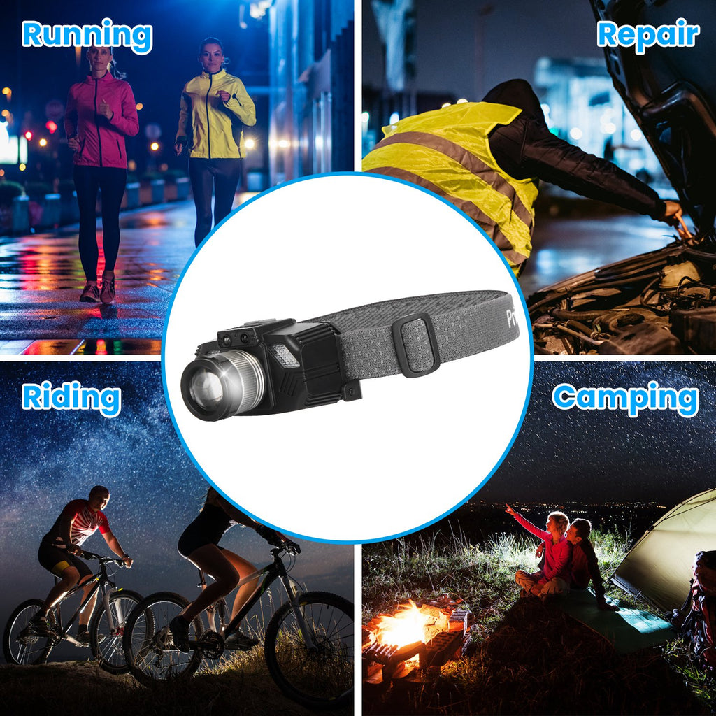 Motion Sensor Zoomable LED Headlamp | 300m Range, SOS Mode, USB Rechargeable, 45° Tilt for Camping & Emergencies