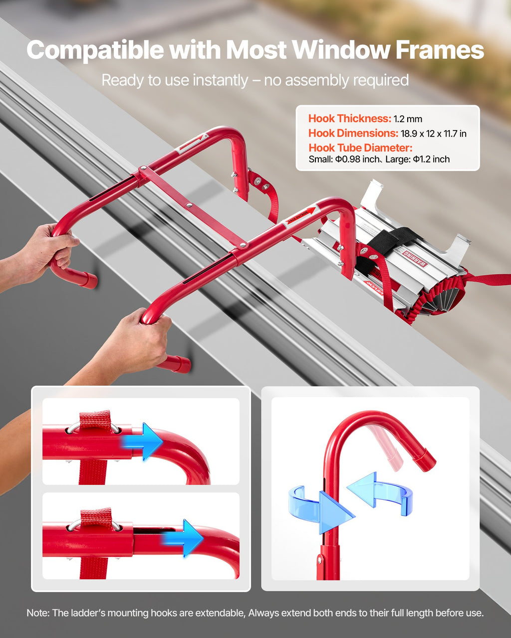 VEVOR 2-Story Fire Escape Ladder | 13FT, 1000 lb Capacity, Aluminum Alloy, Anti-Slip, No-Assembly Emergency Ladder