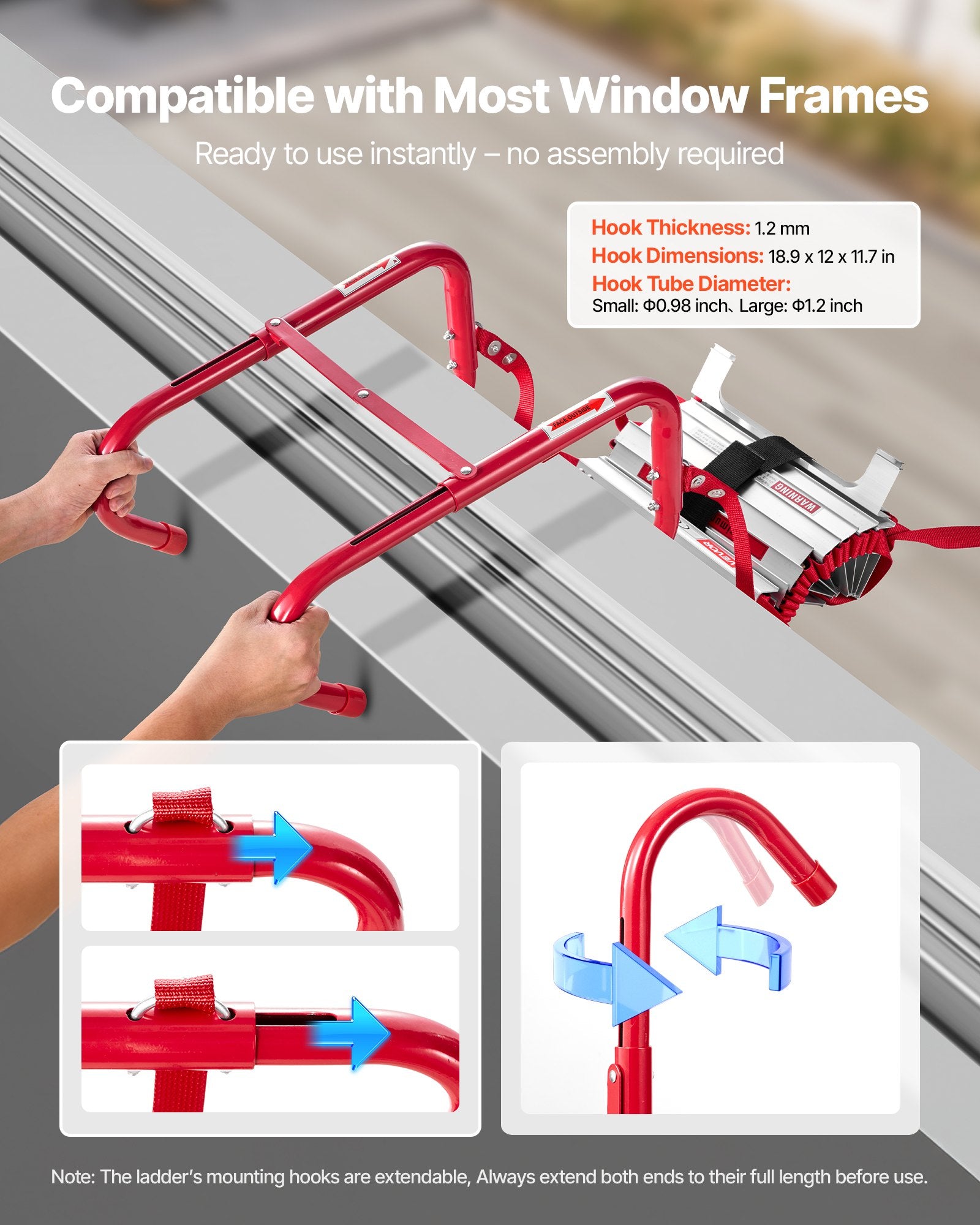 VEVOR 2-Story Fire Escape Ladder | 13FT, 1000 lb Capacity, Aluminum Alloy, Anti-Slip, No-Assembly Emergency Ladder