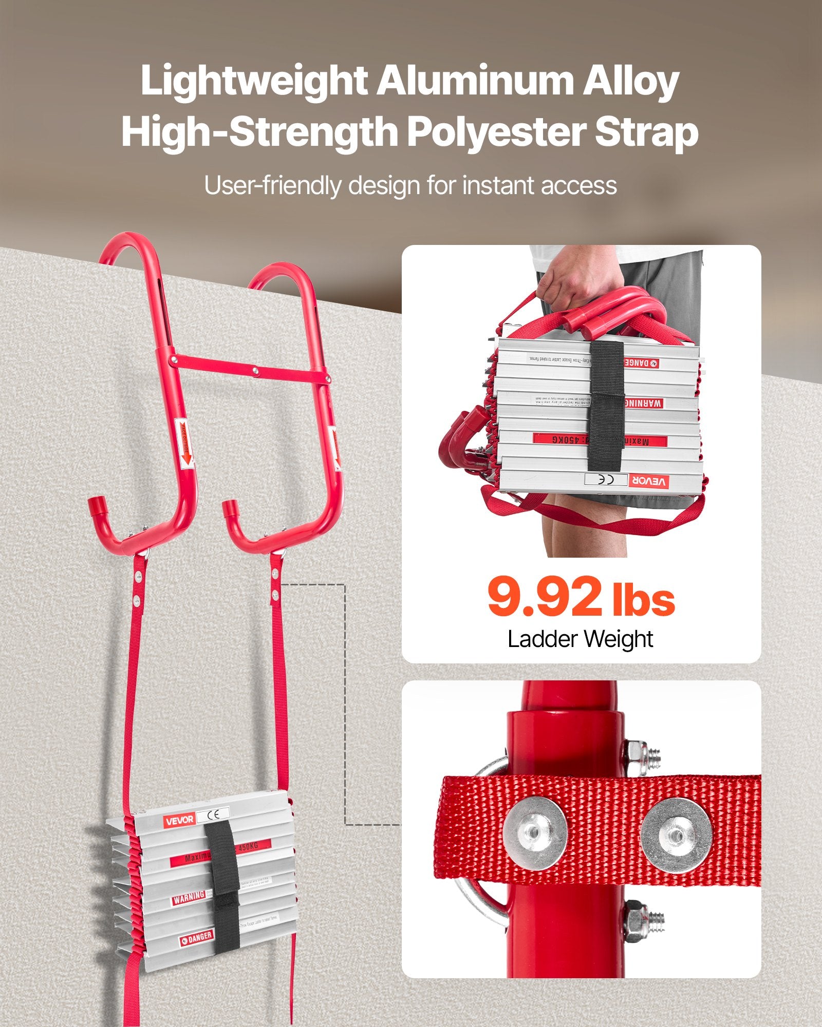 VEVOR 2-Story Fire Escape Ladder | 13FT, 1000 lb Capacity, Aluminum Alloy, Anti-Slip, No-Assembly Emergency Ladder