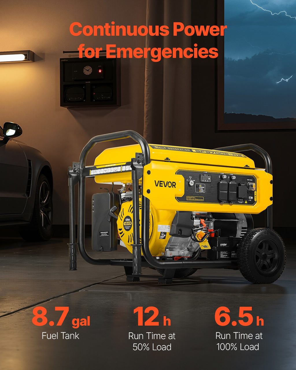 VEVOR 9625W Portable Home Backup Generator | 7000W Running, Electric Start, CO Sensor, 12Hr Runtime, RV & Emergency Ready