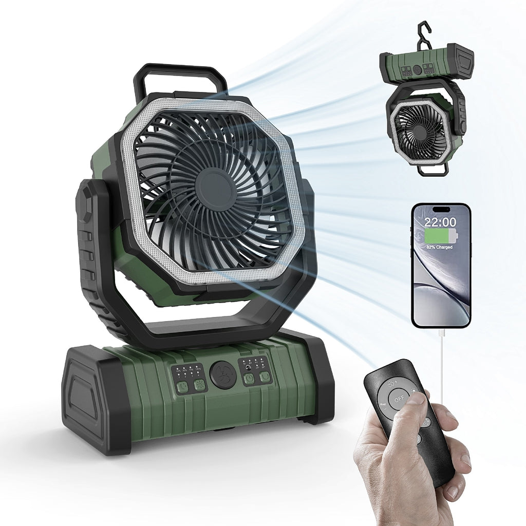 3-in-1 Portable Camping Fan with LED Light & Power Bank | 6-8 Hour Battery, 3 Speed Settings