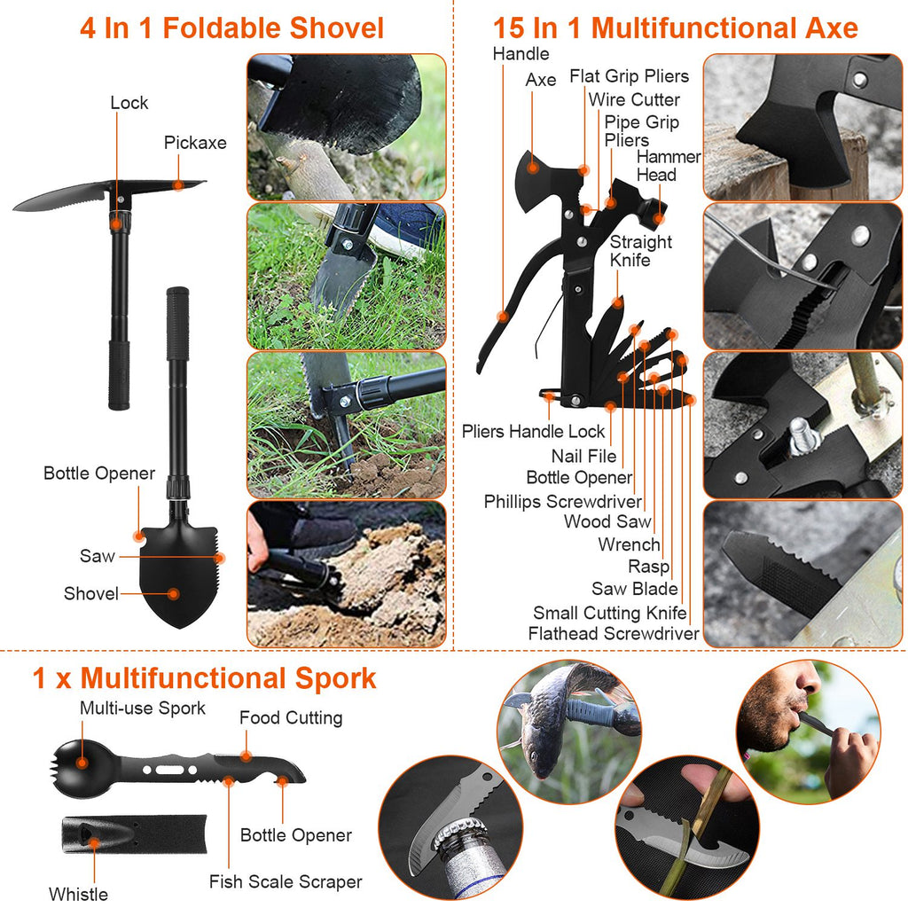 121-Piece Professional Survival Kit | Tactical First Aid, Axe, Shovel, Military Knife, Fire Starter & Backpack Included