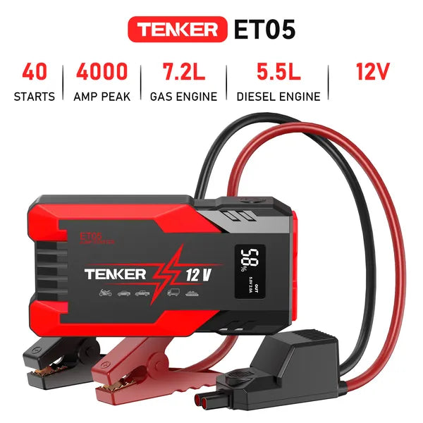 4000A Peak Car Jump Starter | 51.8Wh Power Bank, 7.2L Gas / 5.5L Diesel, LCD Display & Emergency Lights