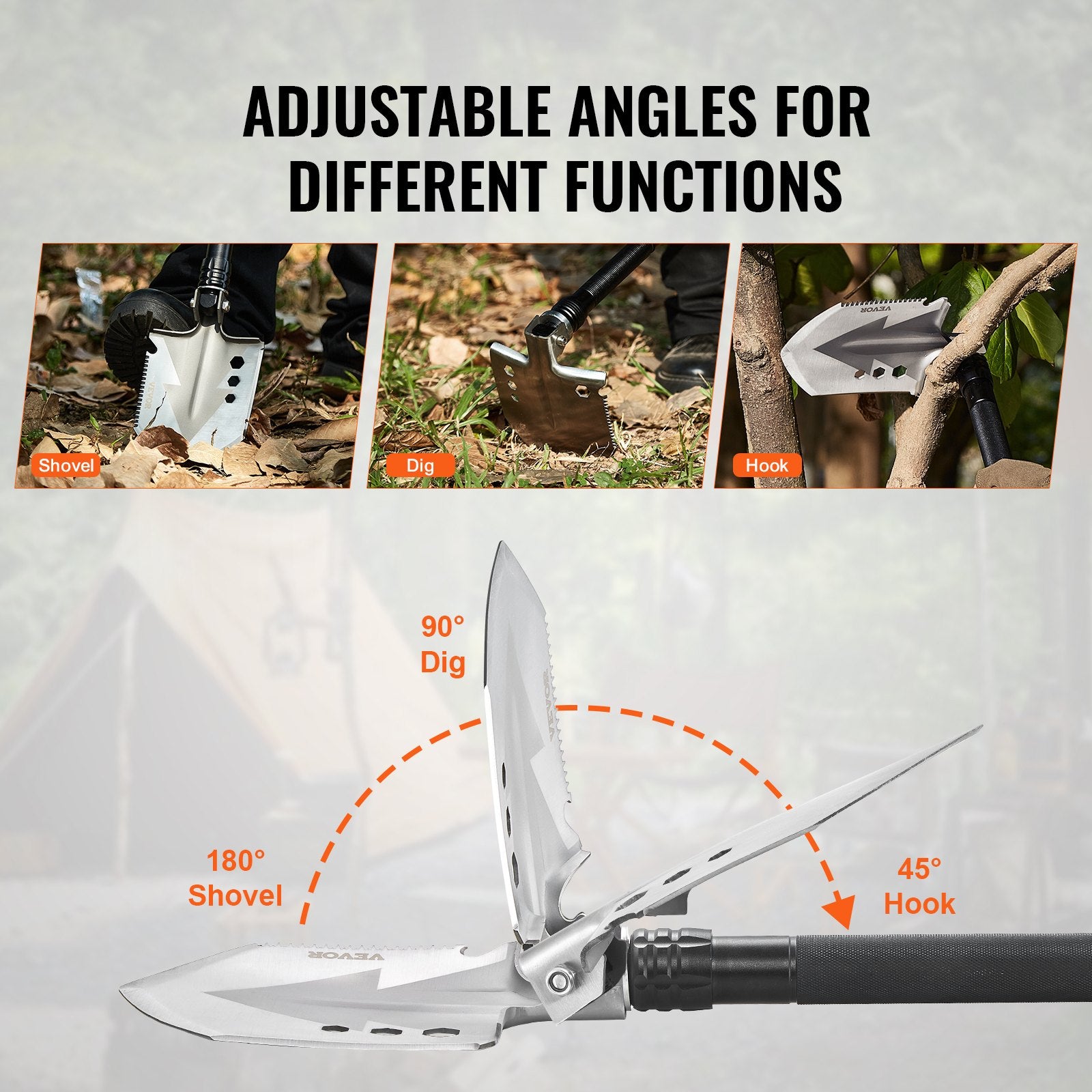 8-in-1 Military Folding Survival Shovel | 30Cr13 Steel, Knife, Compass, Fire Starter, Glass Breaker & Extension Rods