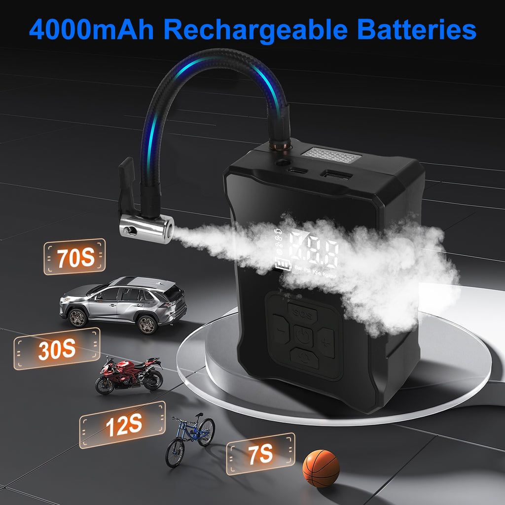 150PSI Cordless Tire Inflator | 4000mAh Power Bank, Auto-Shutoff, LED & SOS Light for Cars, Motorcycles & Bikes