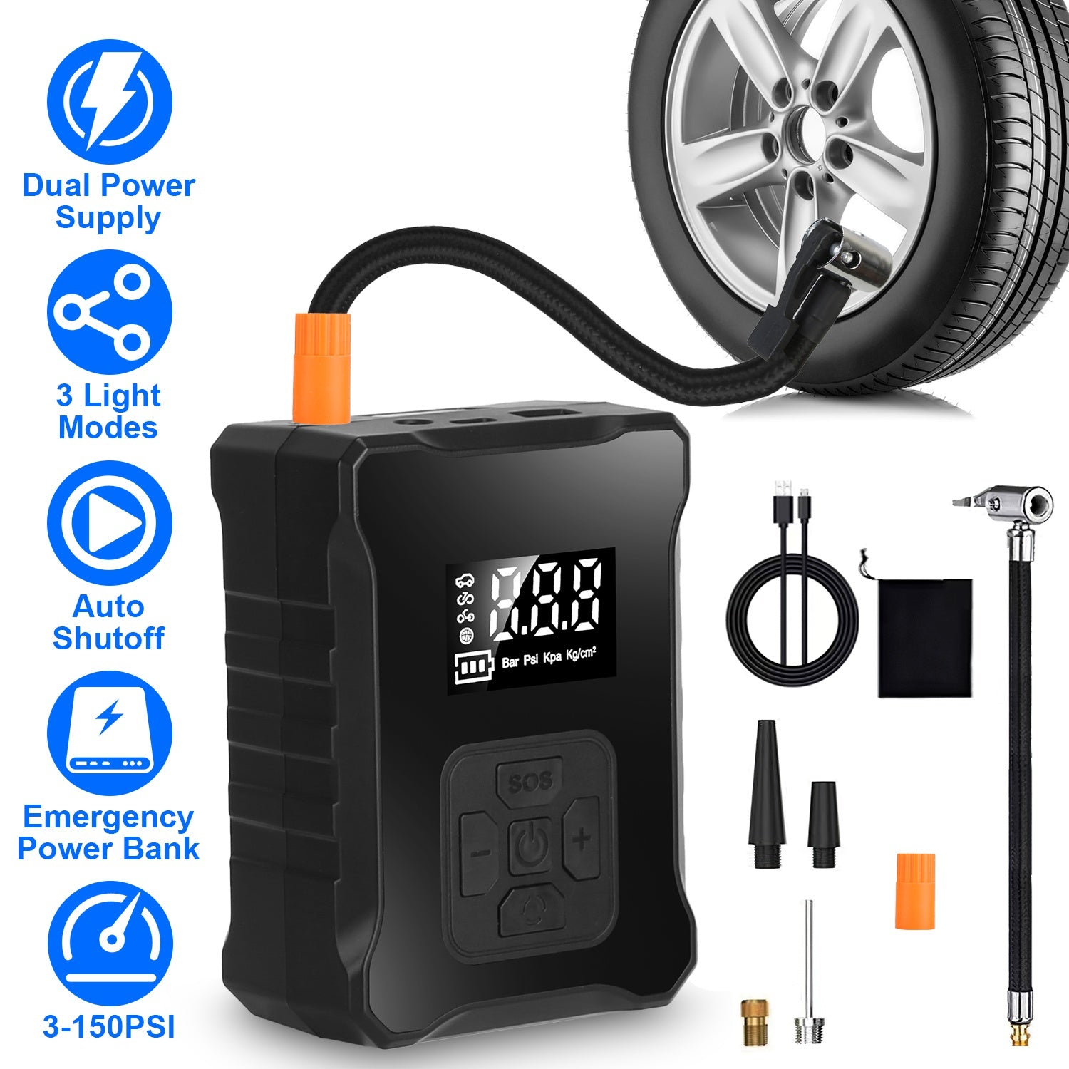150PSI Cordless Tire Inflator | 4000mAh Power Bank, Auto-Shutoff, LED & SOS Light for Cars, Motorcycles & Bikes