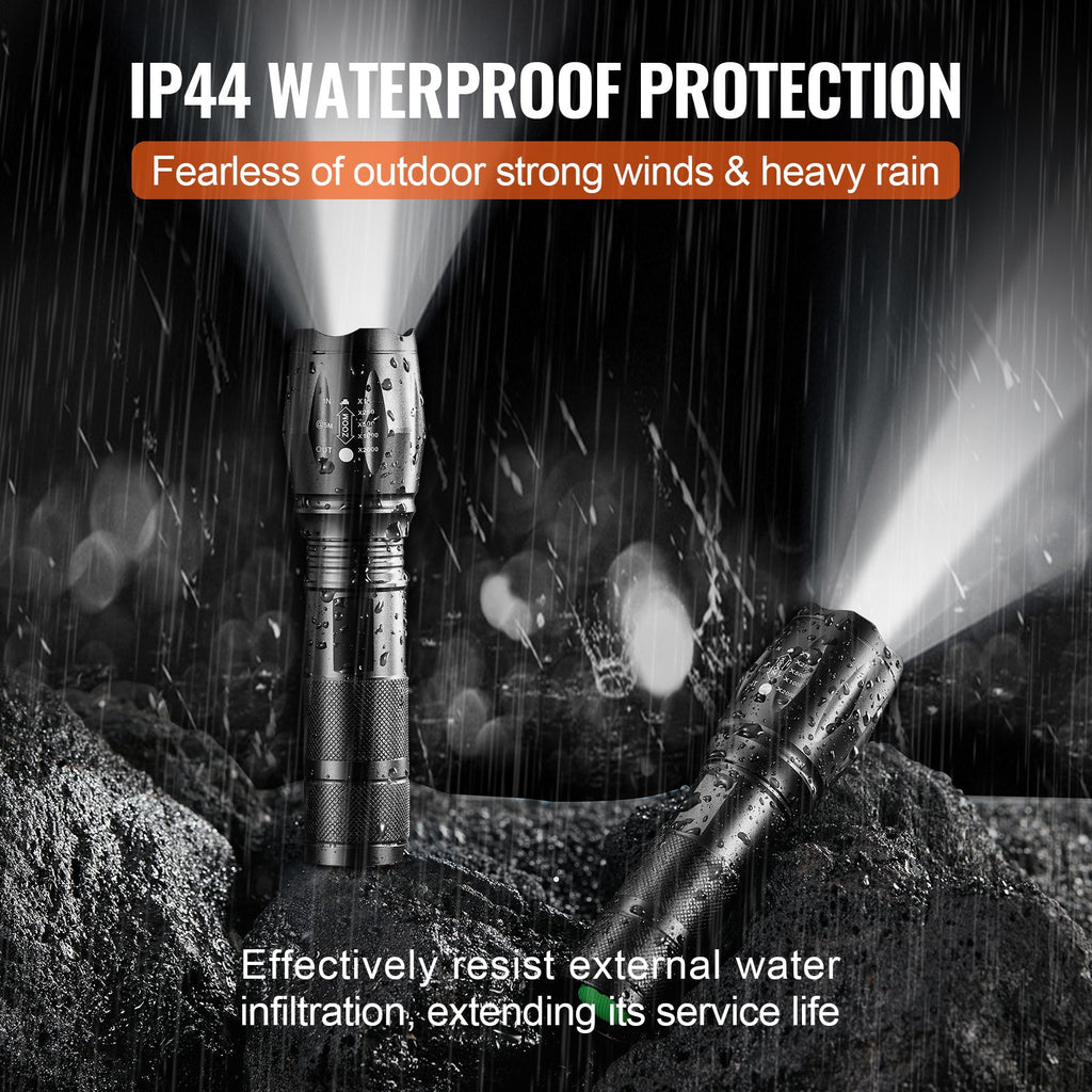 VEVOR 2000LM Flashlight 2-Pack | 5 Modes, Adjustable Focus, IP44 Waterproof, 150M Beam for Camping & Emergency