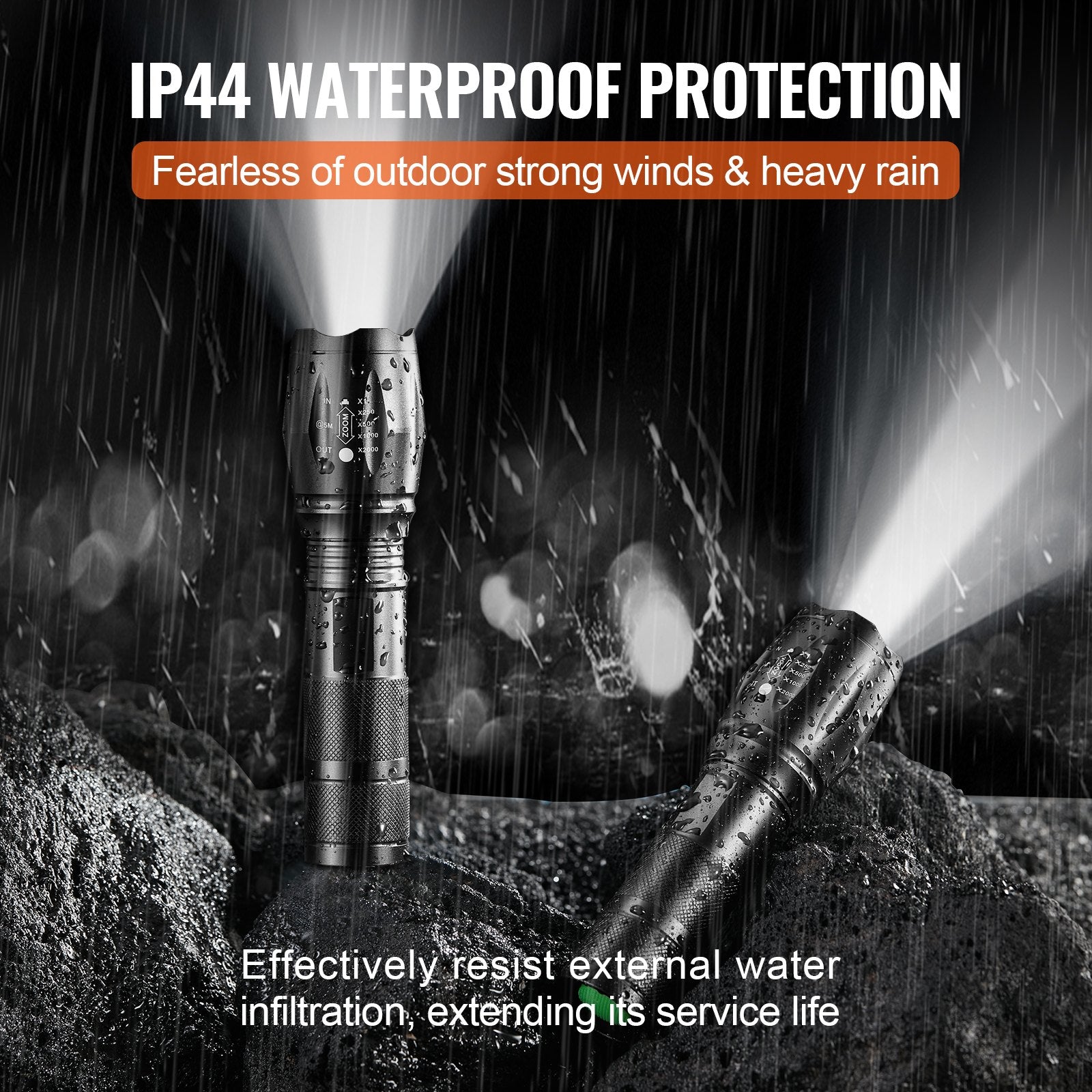 VEVOR 2000LM Flashlight 2-Pack | 5 Modes, Adjustable Focus, IP44 Waterproof, 150M Beam for Camping & Emergency