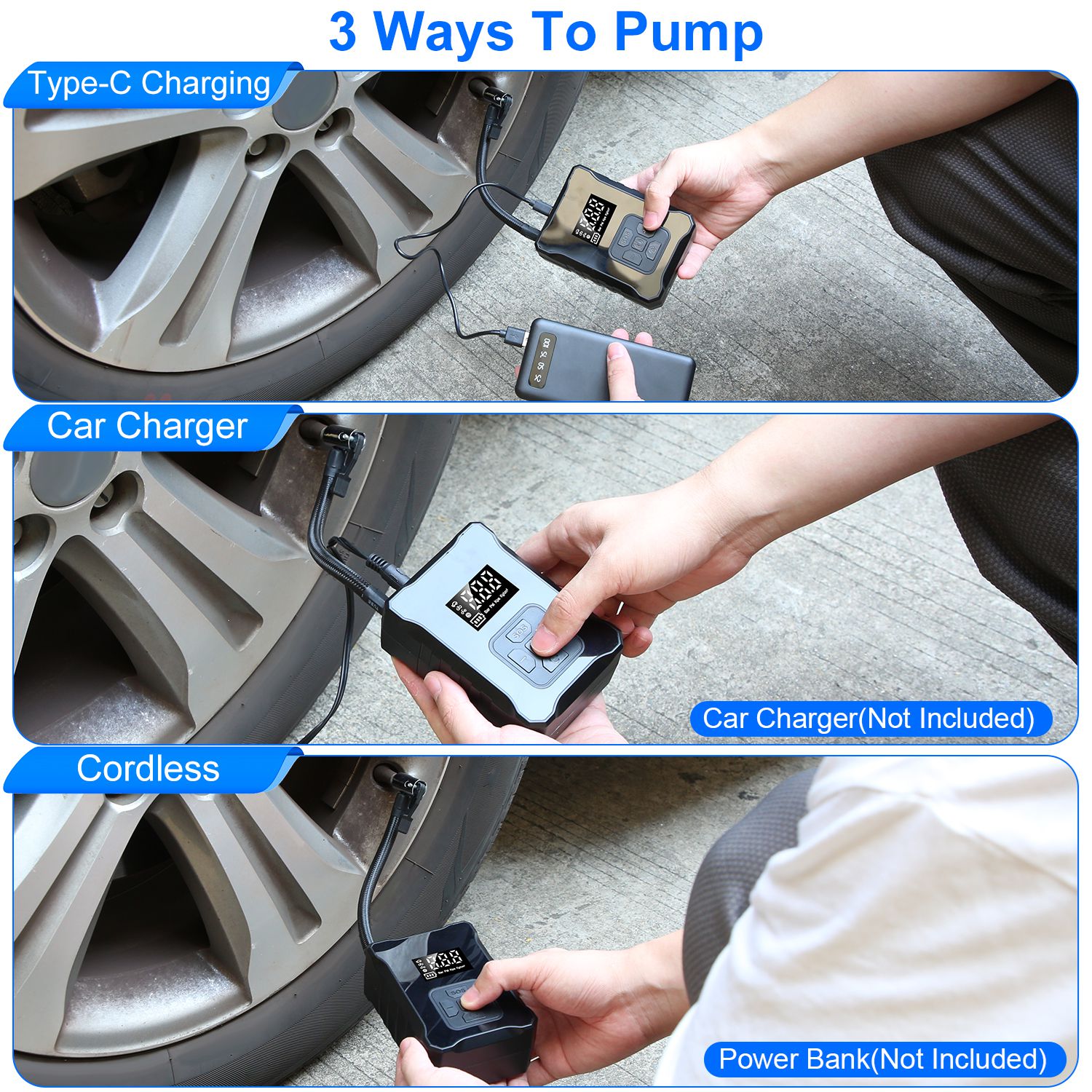 150PSI Cordless Tire Inflator | 4000mAh Power Bank, Auto-Shutoff, LED & SOS Light for Cars, Motorcycles & Bikes