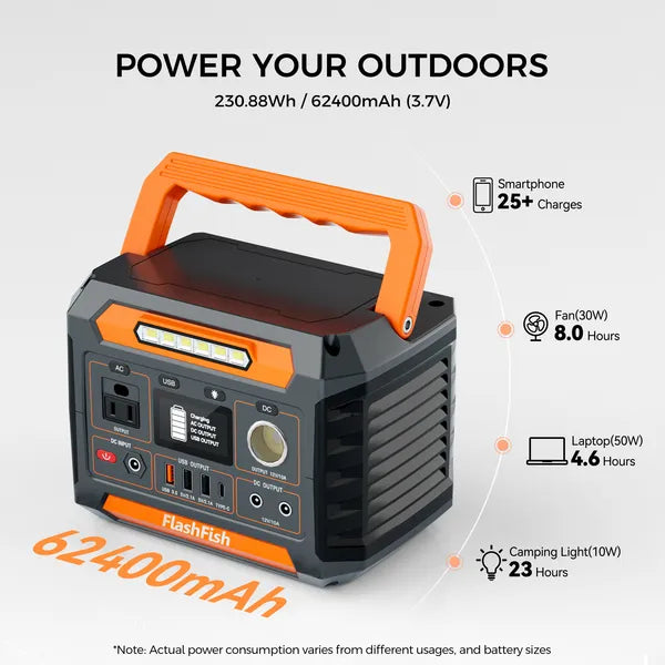 300W Portable Power Station | 230.88Wh Solar Generator with AC Outlet, DC & LED Light — CPAP & Camping Ready