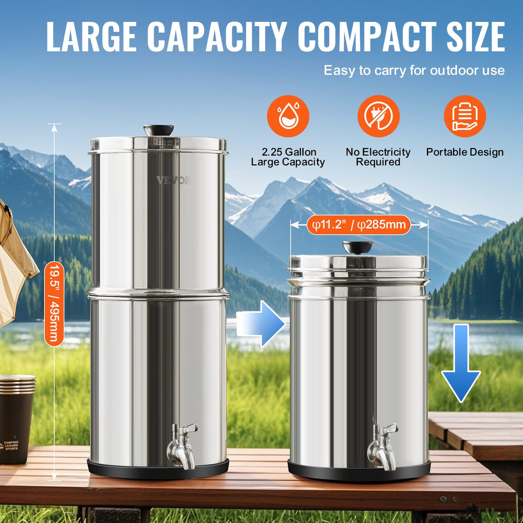 2.25G Gravity-Fed Countertop Water Filter System | Stainless Steel with 2 Coconut Carbon Filters